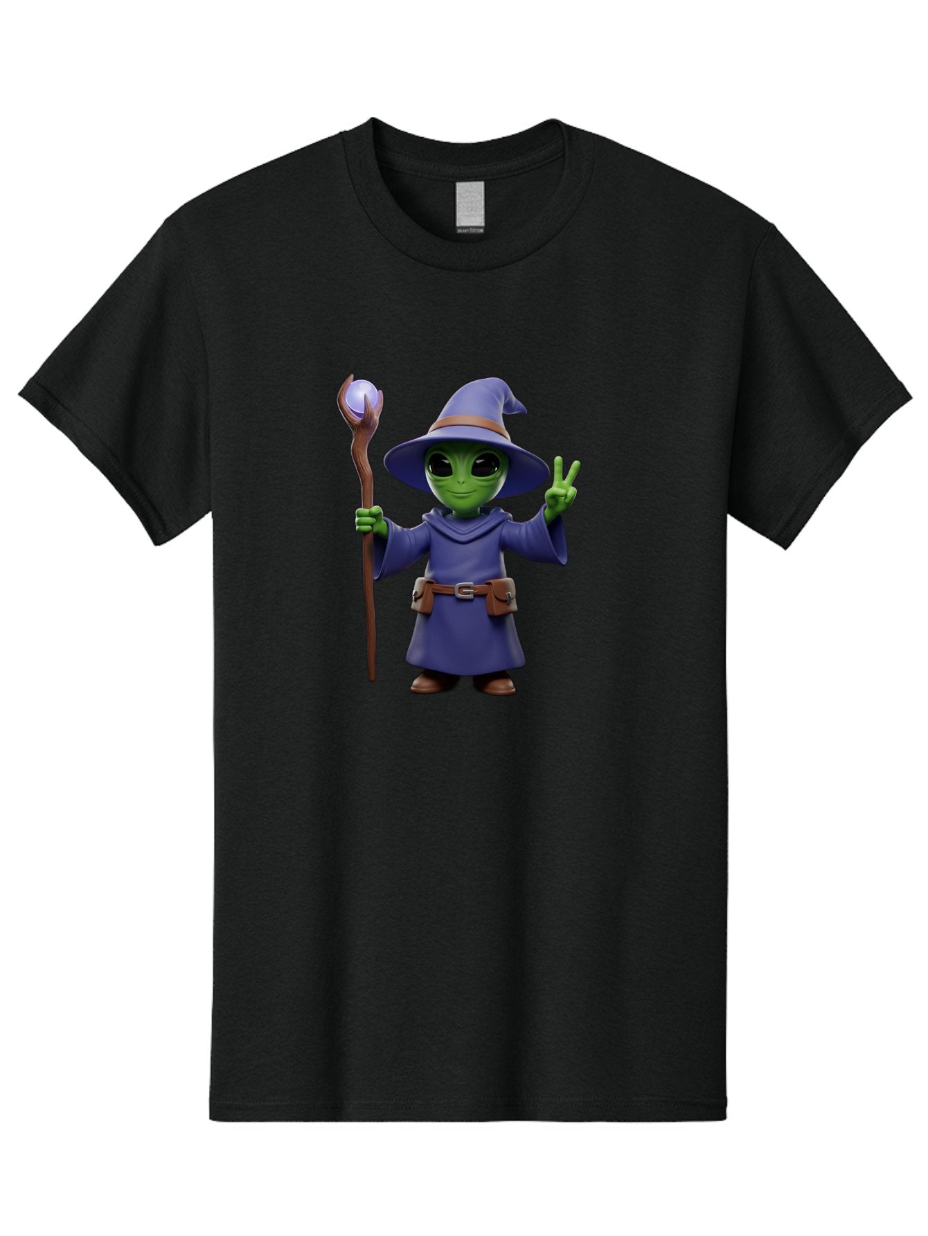 Wizard-Alien Men'S Graphic Tee, 100% Cotton, Comfortable Casual Summer Wear, Machine Washable, Cartoon Wizard, Alien Character, Fantasy Creature, Green Skin, Purple Robes, Magic Staff, Peace Sign, Mystical Powers, Otherworldly Being, Bac569