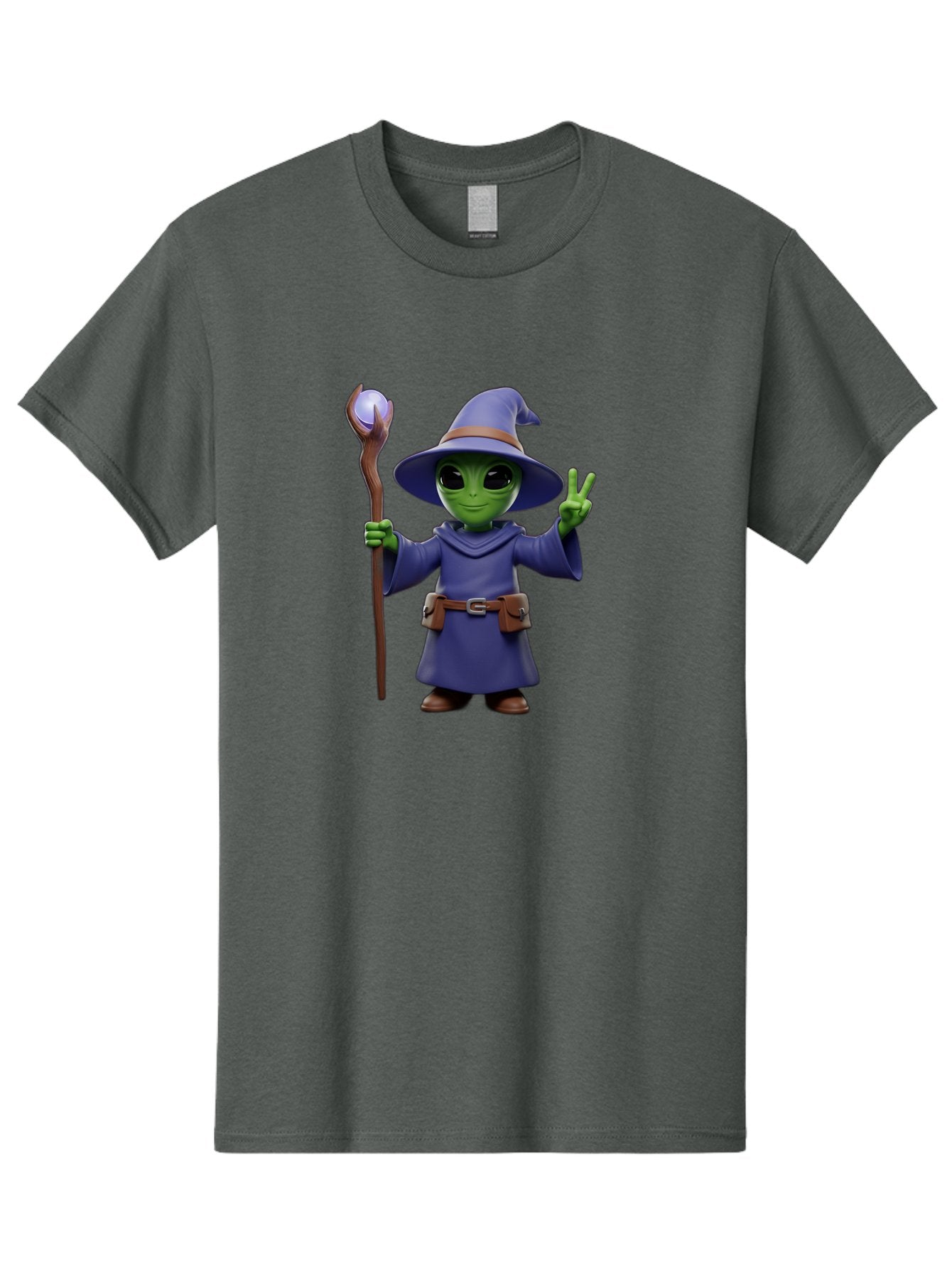 Wizard-Alien Men'S Graphic Tee, 100% Cotton, Comfortable Casual Summer Wear, Machine Washable, Cartoon Wizard, Alien Character, Fantasy Creature, Green Skin, Purple Robes, Magic Staff, Peace Sign, Mystical Powers, Otherworldly Being, Bac569 5