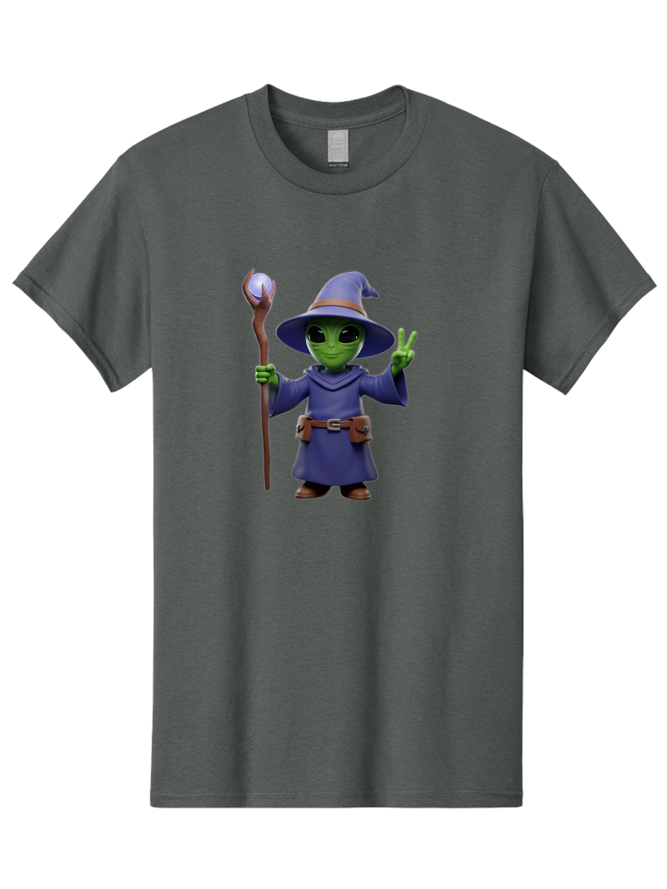 Wizard-Alien Men'S Graphic Tee, 100% Cotton, Comfortable Casual Summer Wear, Machine Washable, Cartoon Wizard, Alien Character, Fantasy Creature, Green Skin, Purple Robes, Magic Staff, Peace Sign, Mystical Powers, Otherworldly Being, Bac569 8