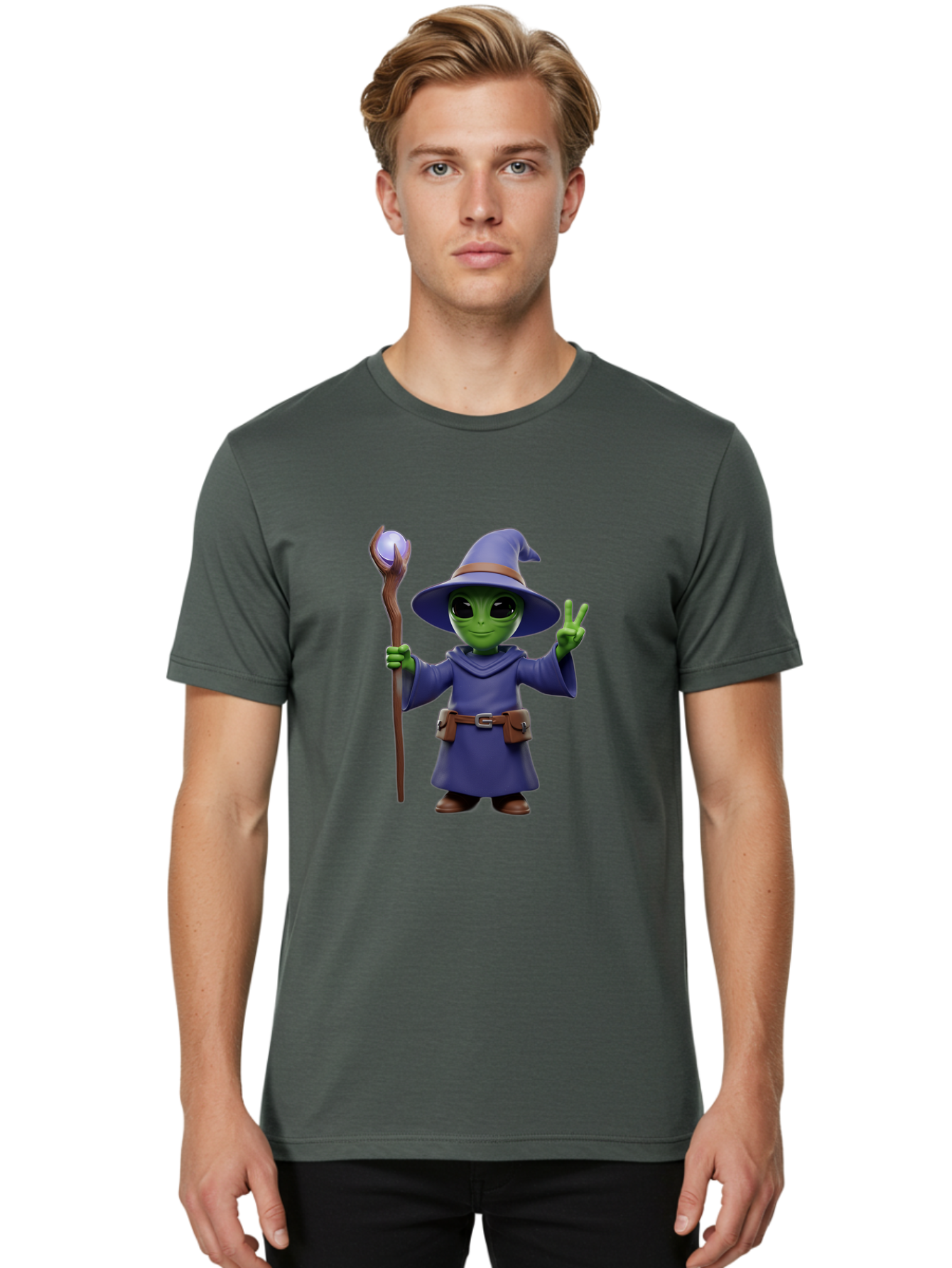Wizard-Alien Men'S Graphic Tee, 100% Cotton, Comfortable Casual Summer Wear, Machine Washable, Cartoon Wizard, Alien Character, Fantasy Creature, Green Skin, Purple Robes, Magic Staff, Peace Sign, Mystical Powers, Otherworldly Being, Bac569 23