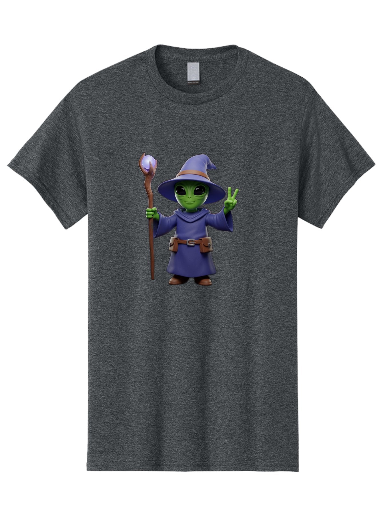 Wizard-Alien Men'S Graphic Tee, 100% Cotton, Comfortable Casual Summer Wear, Machine Washable, Cartoon Wizard, Alien Character, Fantasy Creature, Green Skin, Purple Robes, Magic Staff, Peace Sign, Mystical Powers, Otherworldly Being, Bac569 3