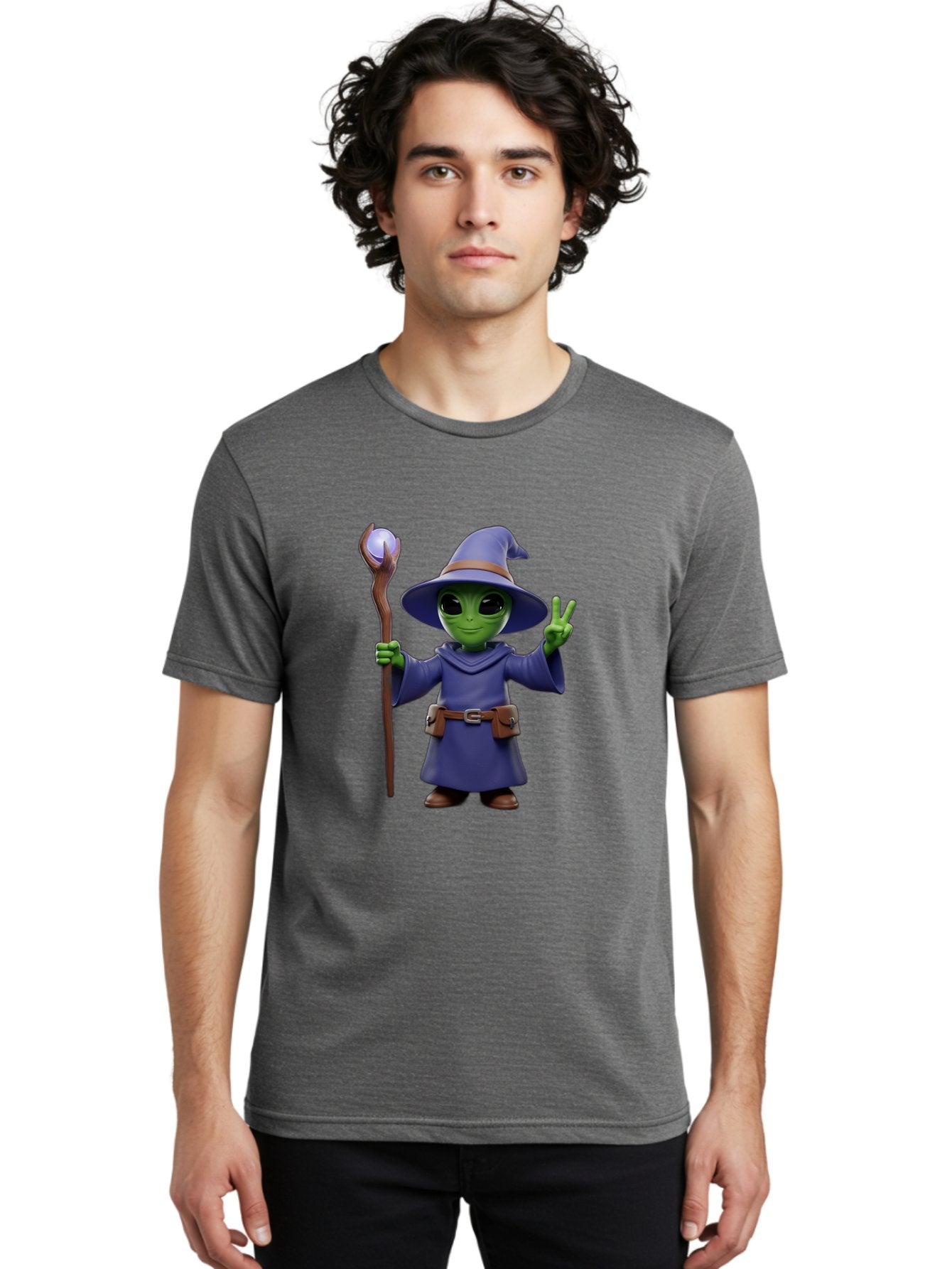 Wizard-Alien Men'S Graphic Tee, 100% Cotton, Comfortable Casual Summer Wear, Machine Washable, Cartoon Wizard, Alien Character, Fantasy Creature, Green Skin, Purple Robes, Magic Staff, Peace Sign, Mystical Powers, Otherworldly Being, Bac569 30