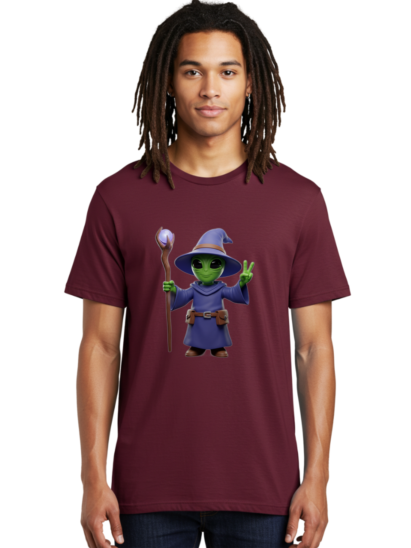 Wizard-Alien Men'S Graphic Tee, 100% Cotton, Comfortable Casual Summer Wear, Machine Washable, Cartoon Wizard, Alien Character, Fantasy Creature, Green Skin, Purple Robes, Magic Staff, Peace Sign, Mystical Powers, Otherworldly Being, Bac569 19