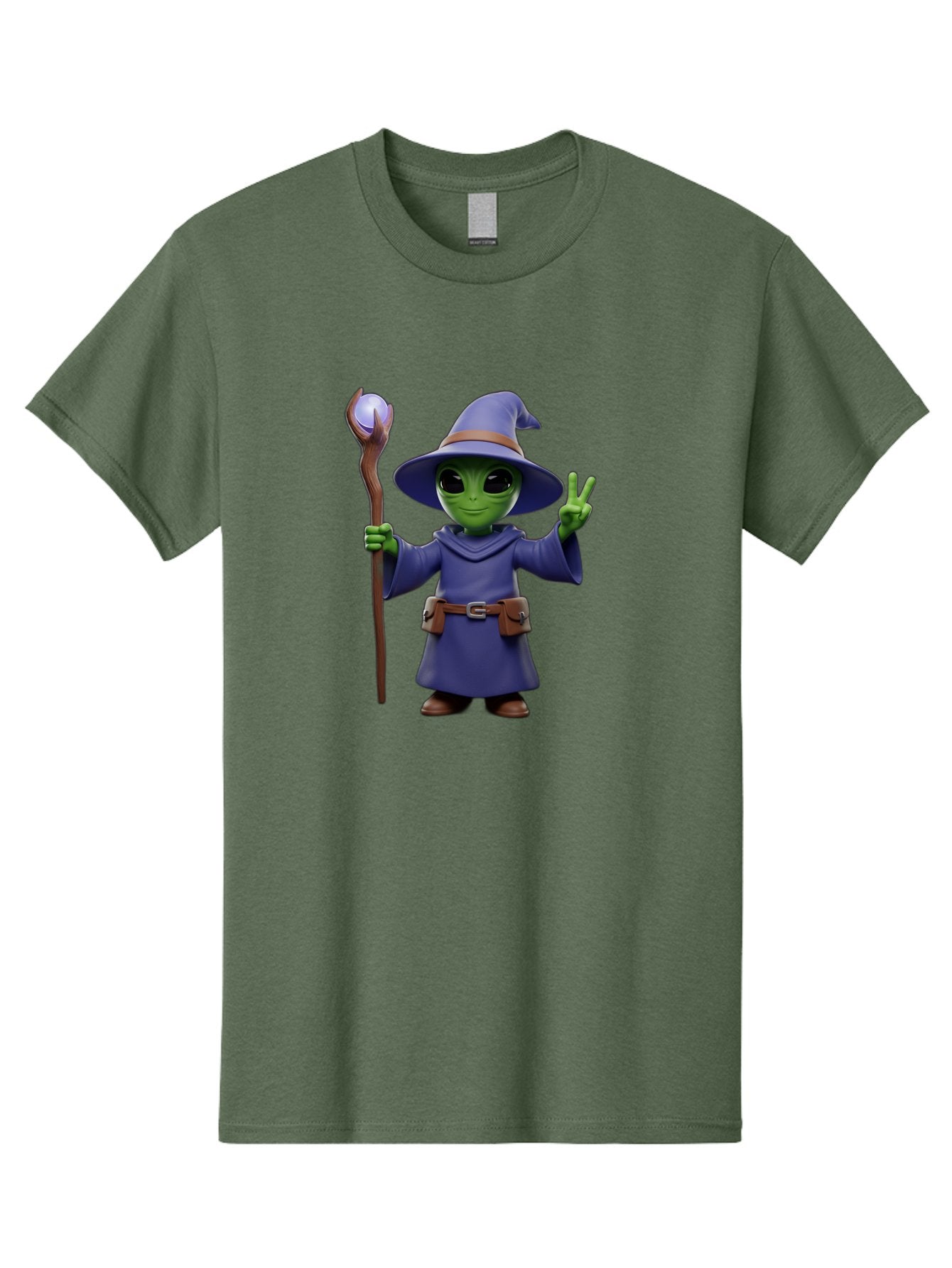 Wizard-Alien Men'S Graphic Tee, 100% Cotton, Comfortable Casual Summer Wear, Machine Washable, Cartoon Wizard, Alien Character, Fantasy Creature, Green Skin, Purple Robes, Magic Staff, Peace Sign, Mystical Powers, Otherworldly Being, Bac569 13