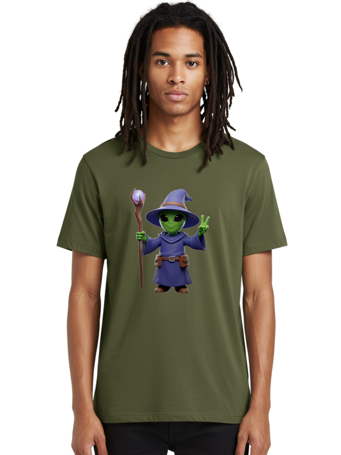Wizard-Alien Men'S Graphic Tee, 100% Cotton, Comfortable Casual Summer Wear, Machine Washable, Cartoon Wizard, Alien Character, Fantasy Creature, Green Skin, Purple Robes, Magic Staff, Peace Sign, Mystical Powers, Otherworldly Being, Bac569 30