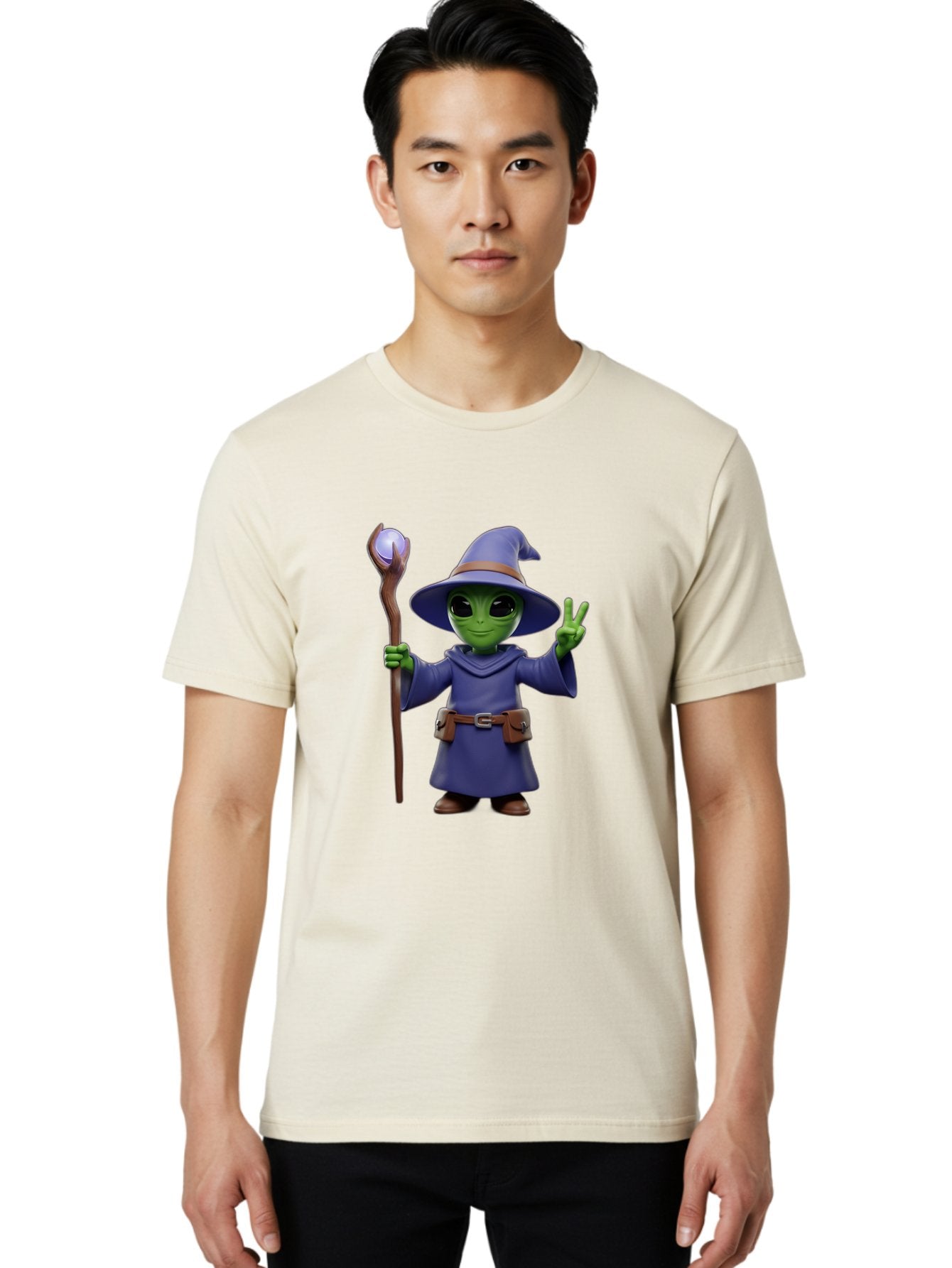 Wizard-Alien Men'S Graphic Tee, 100% Cotton, Comfortable Casual Summer Wear, Machine Washable, Cartoon Wizard, Alien Character, Fantasy Creature, Green Skin, Purple Robes, Magic Staff, Peace Sign, Mystical Powers, Otherworldly Being, Bac569 17