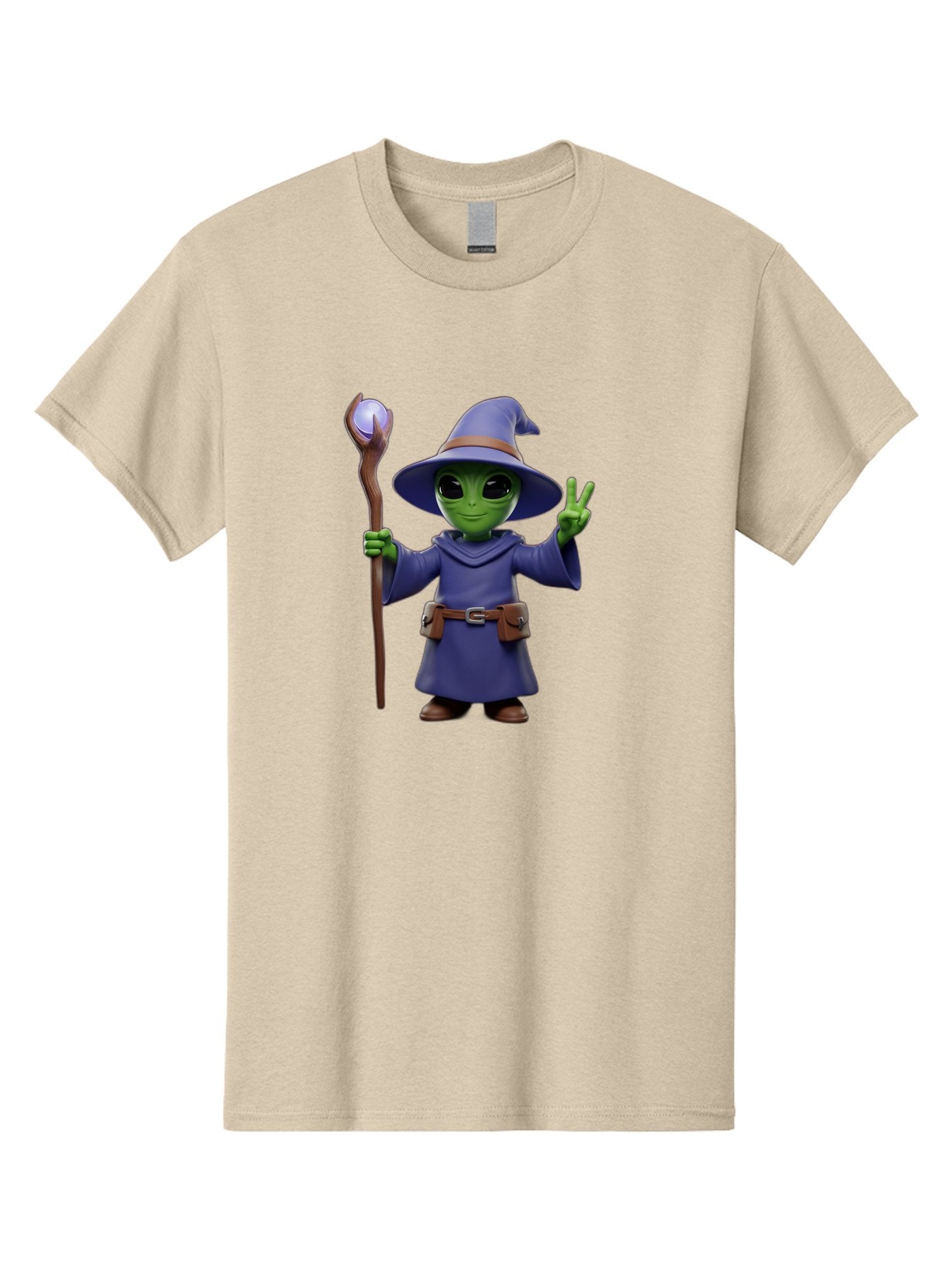 Wizard-Alien Men'S Graphic Tee, 100% Cotton, Comfortable Casual Summer Wear, Machine Washable, Cartoon Wizard, Alien Character, Fantasy Creature, Green Skin, Purple Robes, Magic Staff, Peace Sign, Mystical Powers, Otherworldly Being, Bac569 9