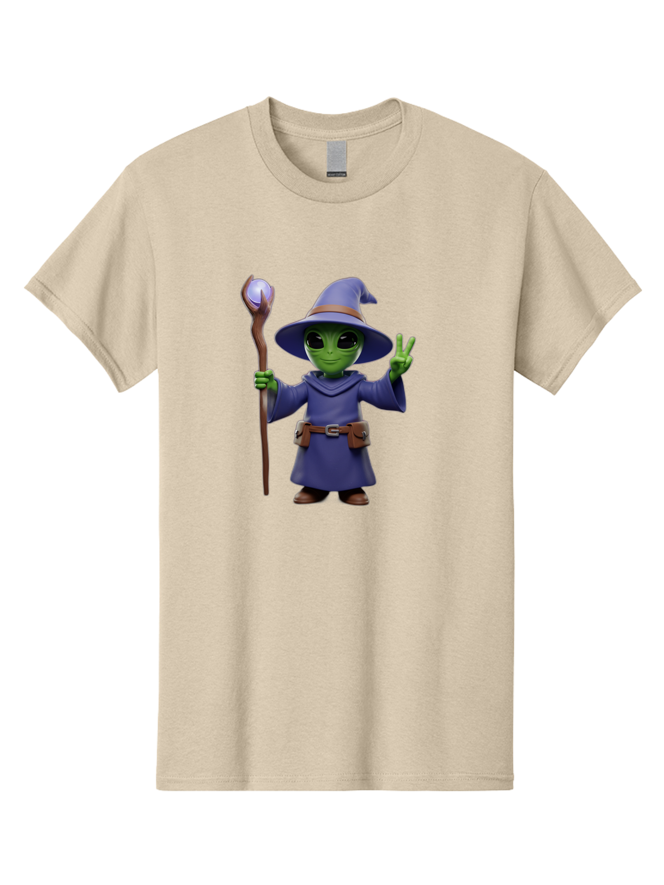 Wizard-Alien Men'S Graphic Tee, 100% Cotton, Comfortable Casual Summer Wear, Machine Washable, Cartoon Wizard, Alien Character, Fantasy Creature, Green Skin, Purple Robes, Magic Staff, Peace Sign, Mystical Powers, Otherworldly Being, Bac569 5