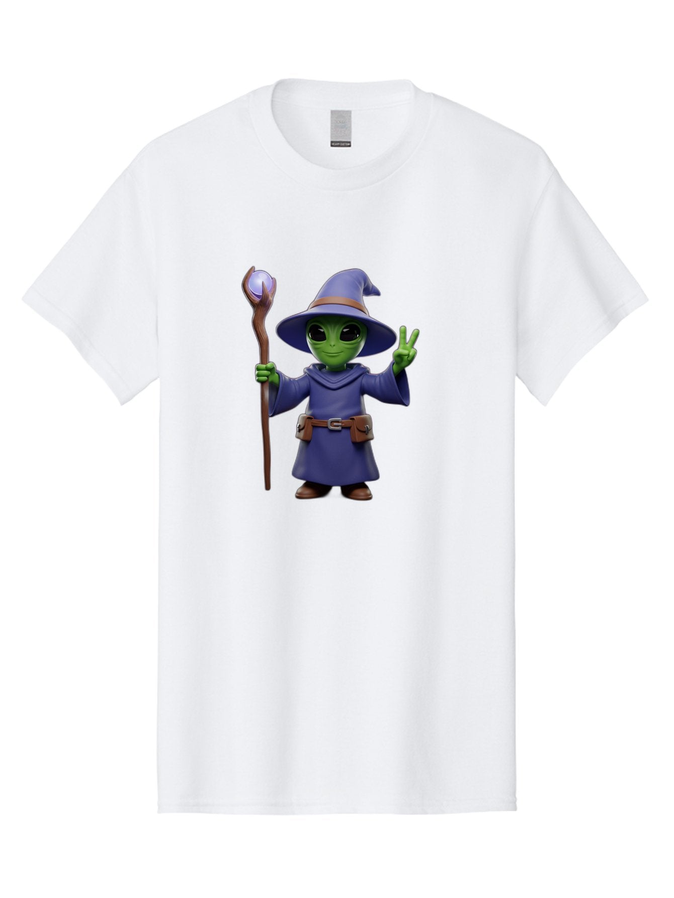 Wizard-Alien Men'S Graphic Tee, 100% Cotton, Comfortable Casual Summer Wear, Machine Washable, Cartoon Wizard, Alien Character, Fantasy Creature, Green Skin, Purple Robes, Magic Staff, Peace Sign, Mystical Powers, Otherworldly Being, Bac569