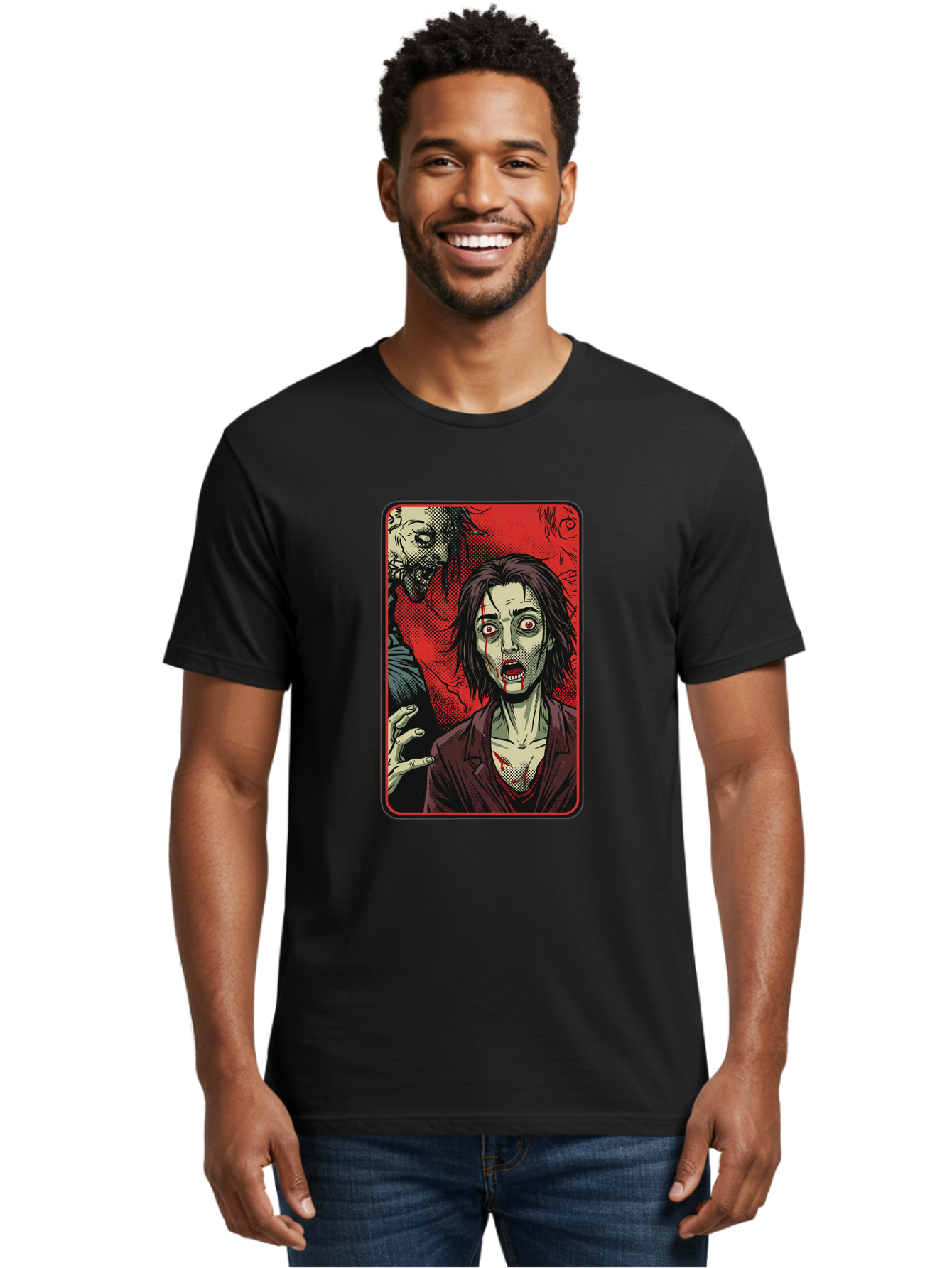 Zombie-Illustration Men'S Graphic Tee, 100% Cotton, Comfortable Casual Summer Wear, Machine Washable, Zombie Outbreak, Undead Creatures, Horror Scene, Post-Apocalyptic Chaos, Terrifying Atmosphere, Dark Fantasy, Red Eyes, Sharp Teeth, Bac570 18