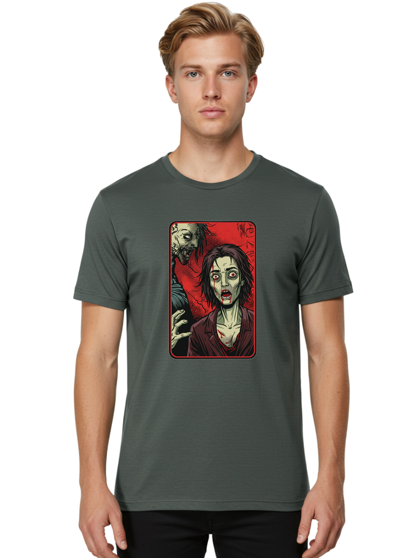 Zombie-Illustration Men'S Graphic Tee, 100% Cotton, Comfortable Casual Summer Wear, Machine Washable, Zombie Outbreak, Undead Creatures, Horror Scene, Post-Apocalyptic Chaos, Terrifying Atmosphere, Dark Fantasy, Red Eyes, Sharp Teeth, Bac570 26