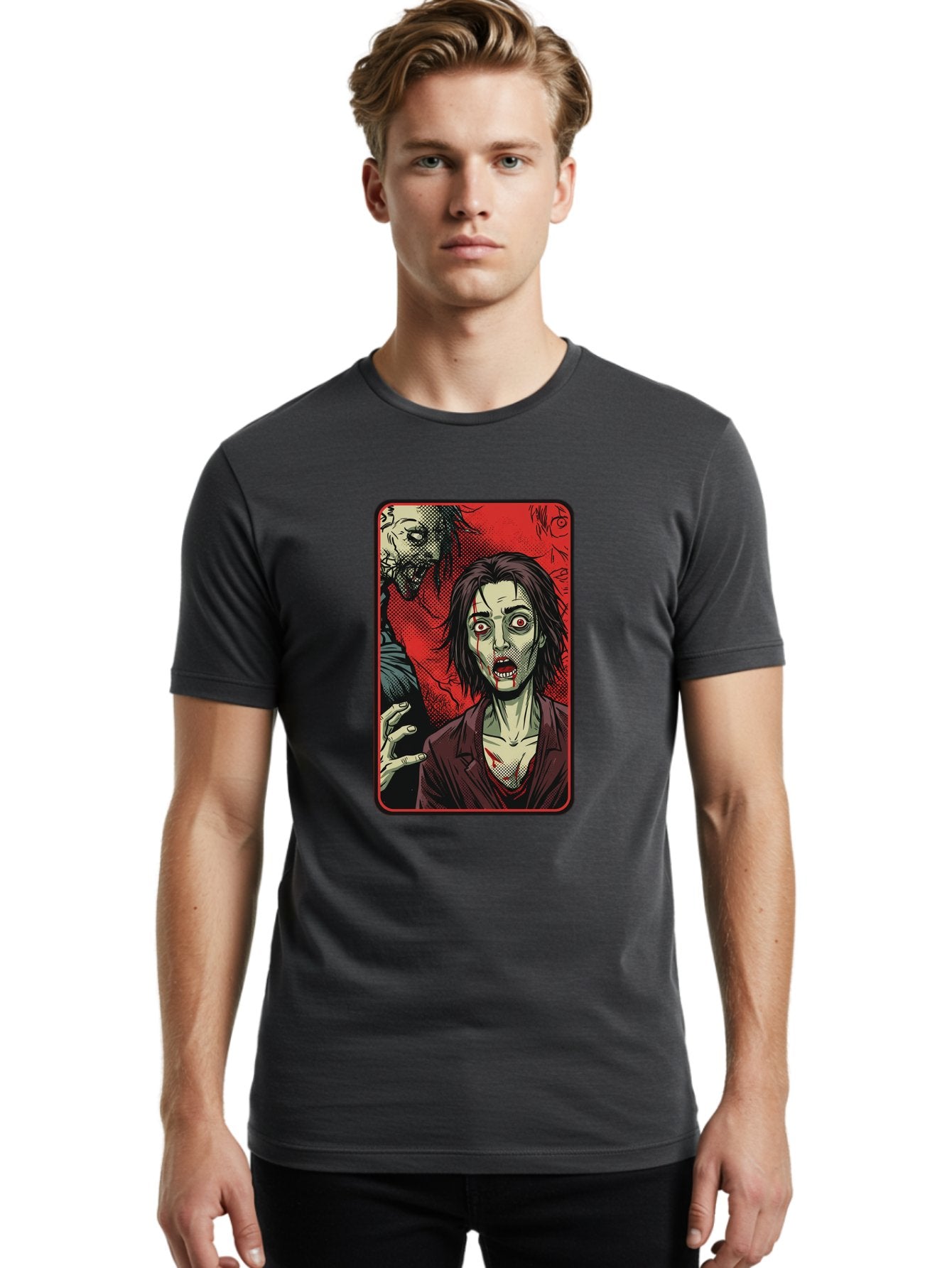 Zombie-Illustration Men'S Graphic Tee, 100% Cotton, Comfortable Casual Summer Wear, Machine Washable, Zombie Outbreak, Undead Creatures, Horror Scene, Post-Apocalyptic Chaos, Terrifying Atmosphere, Dark Fantasy, Red Eyes, Sharp Teeth, Bac570 30