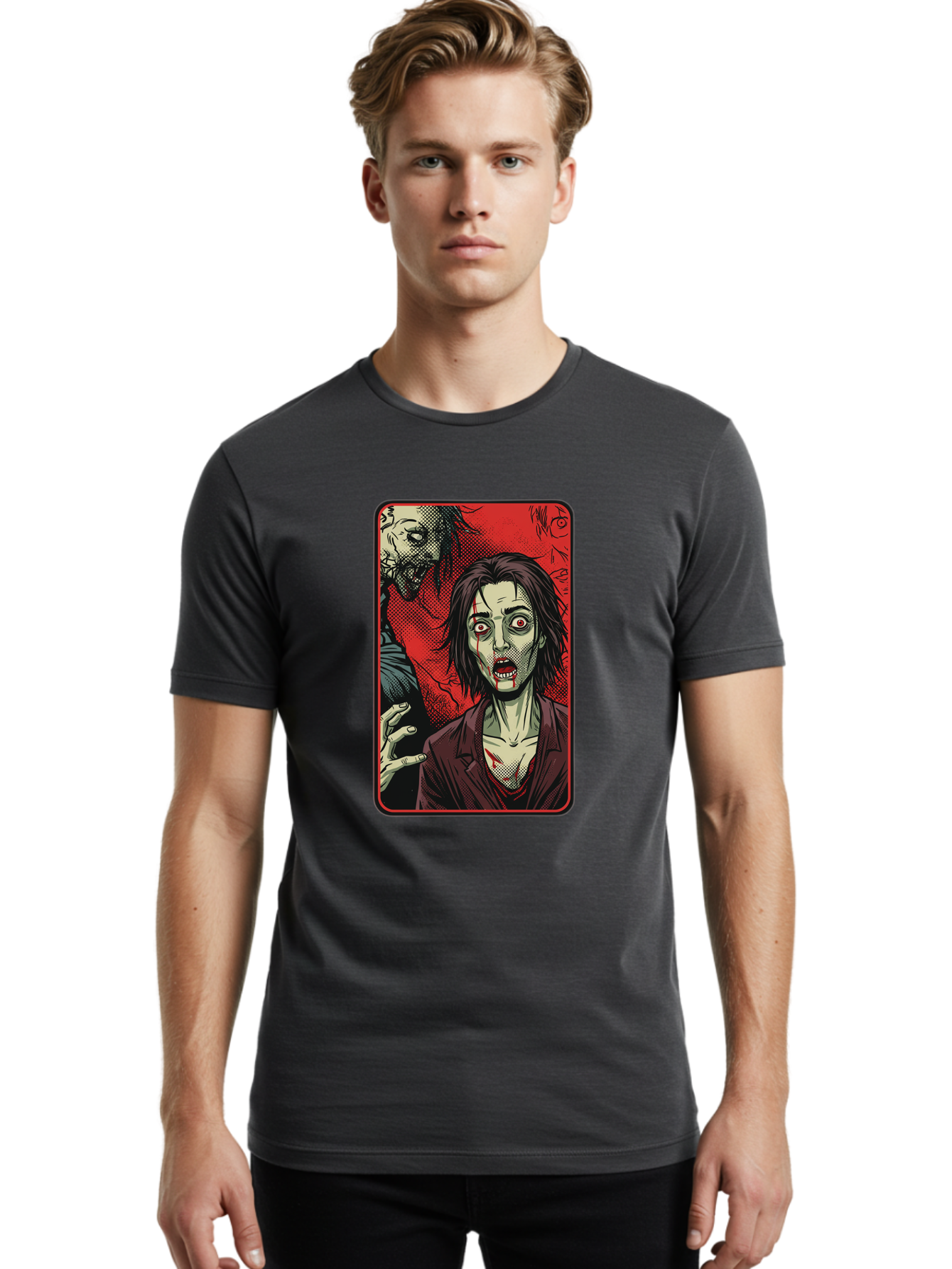 Zombie-Illustration Men'S Graphic Tee, 100% Cotton, Comfortable Casual Summer Wear, Machine Washable, Zombie Outbreak, Undead Creatures, Horror Scene, Post-Apocalyptic Chaos, Terrifying Atmosphere, Dark Fantasy, Red Eyes, Sharp Teeth, Bac570 16