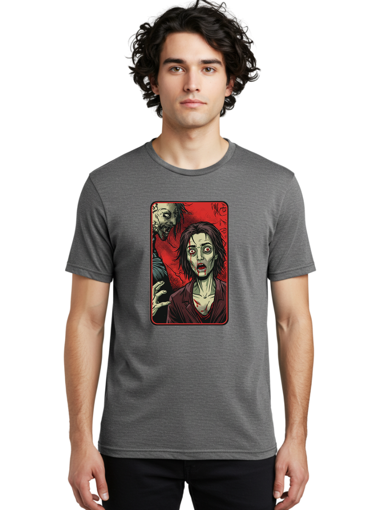 Zombie-Illustration Men'S Graphic Tee, 100% Cotton, Comfortable Casual Summer Wear, Machine Washable, Zombie Outbreak, Undead Creatures, Horror Scene, Post-Apocalyptic Chaos, Terrifying Atmosphere, Dark Fantasy, Red Eyes, Sharp Teeth, Bac570 23