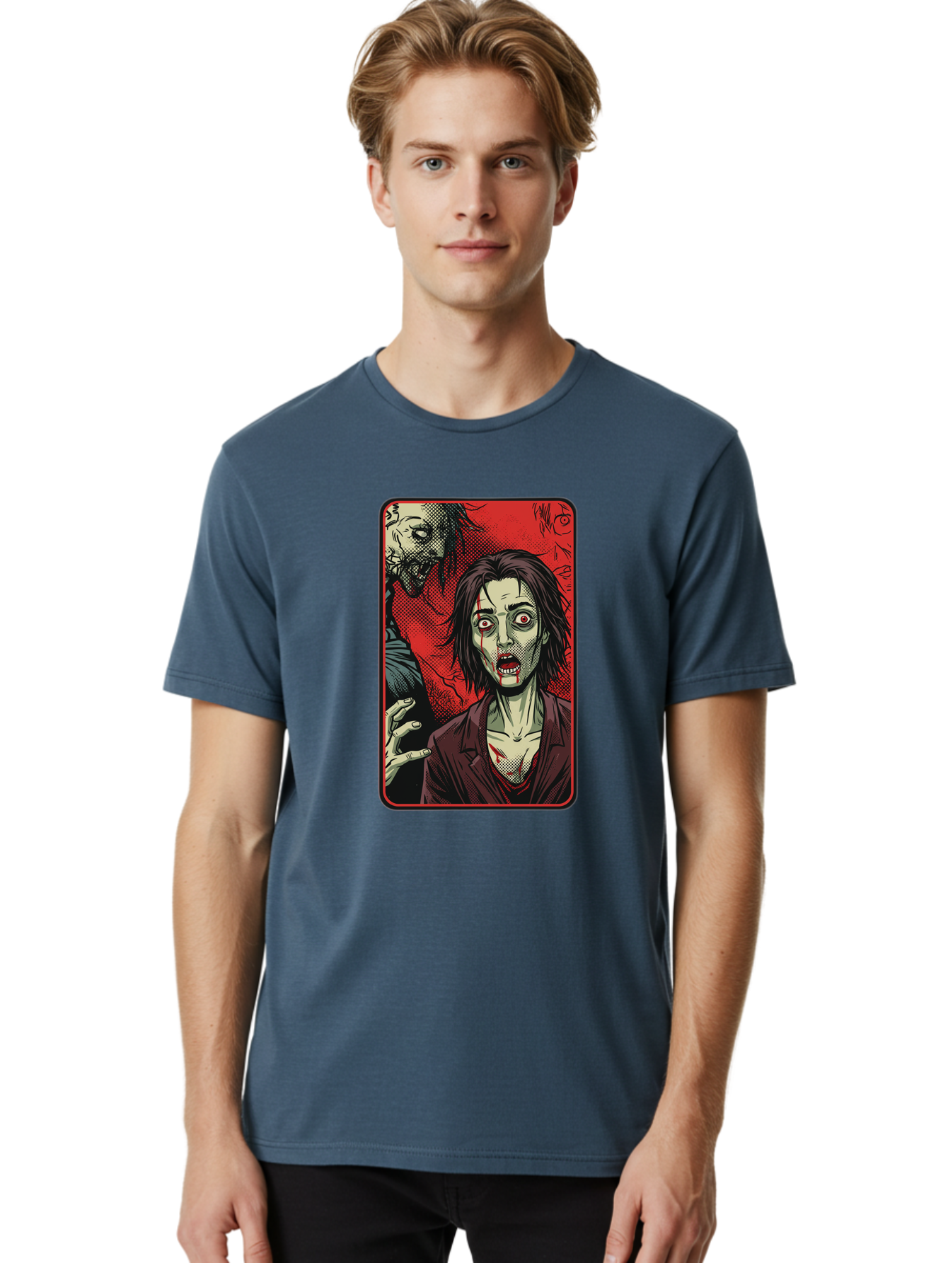 Zombie-Illustration Men'S Graphic Tee, 100% Cotton, Comfortable Casual Summer Wear, Machine Washable, Zombie Outbreak, Undead Creatures, Horror Scene, Post-Apocalyptic Chaos, Terrifying Atmosphere, Dark Fantasy, Red Eyes, Sharp Teeth, Bac570 22