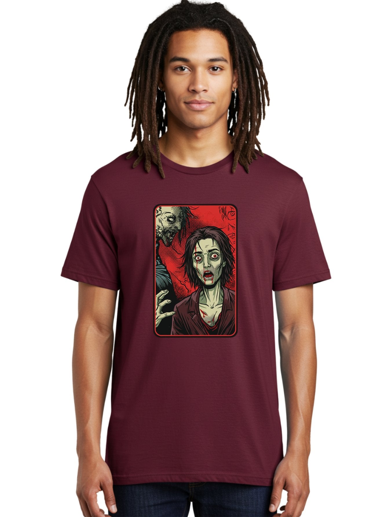 Zombie-Illustration Men'S Graphic Tee, 100% Cotton, Comfortable Casual Summer Wear, Machine Washable, Zombie Outbreak, Undead Creatures, Horror Scene, Post-Apocalyptic Chaos, Terrifying Atmosphere, Dark Fantasy, Red Eyes, Sharp Teeth, Bac570 18