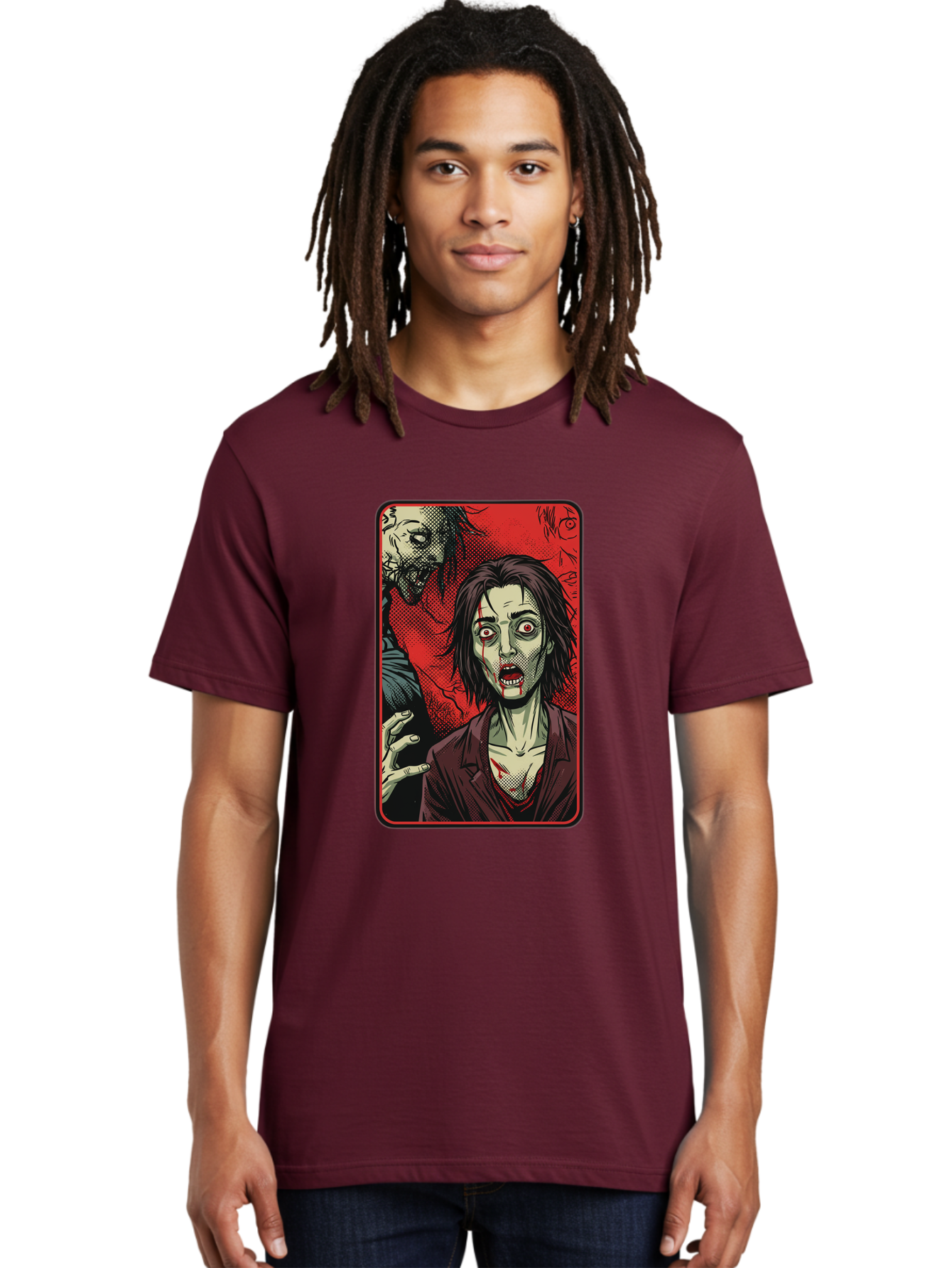 Zombie-Illustration Men'S Graphic Tee, 100% Cotton, Comfortable Casual Summer Wear, Machine Washable, Zombie Outbreak, Undead Creatures, Horror Scene, Post-Apocalyptic Chaos, Terrifying Atmosphere, Dark Fantasy, Red Eyes, Sharp Teeth, Bac570 27