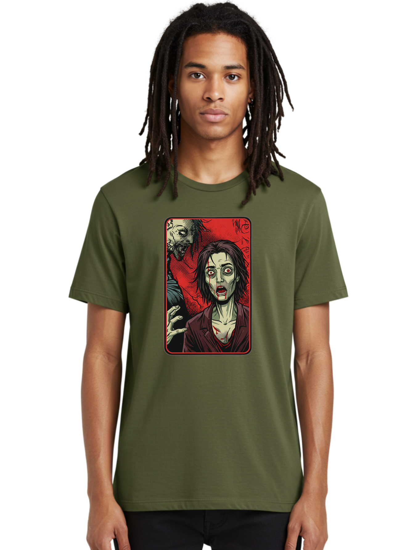 Zombie-Illustration Men'S Graphic Tee, 100% Cotton, Comfortable Casual Summer Wear, Machine Washable, Zombie Outbreak, Undead Creatures, Horror Scene, Post-Apocalyptic Chaos, Terrifying Atmosphere, Dark Fantasy, Red Eyes, Sharp Teeth, Bac570 24