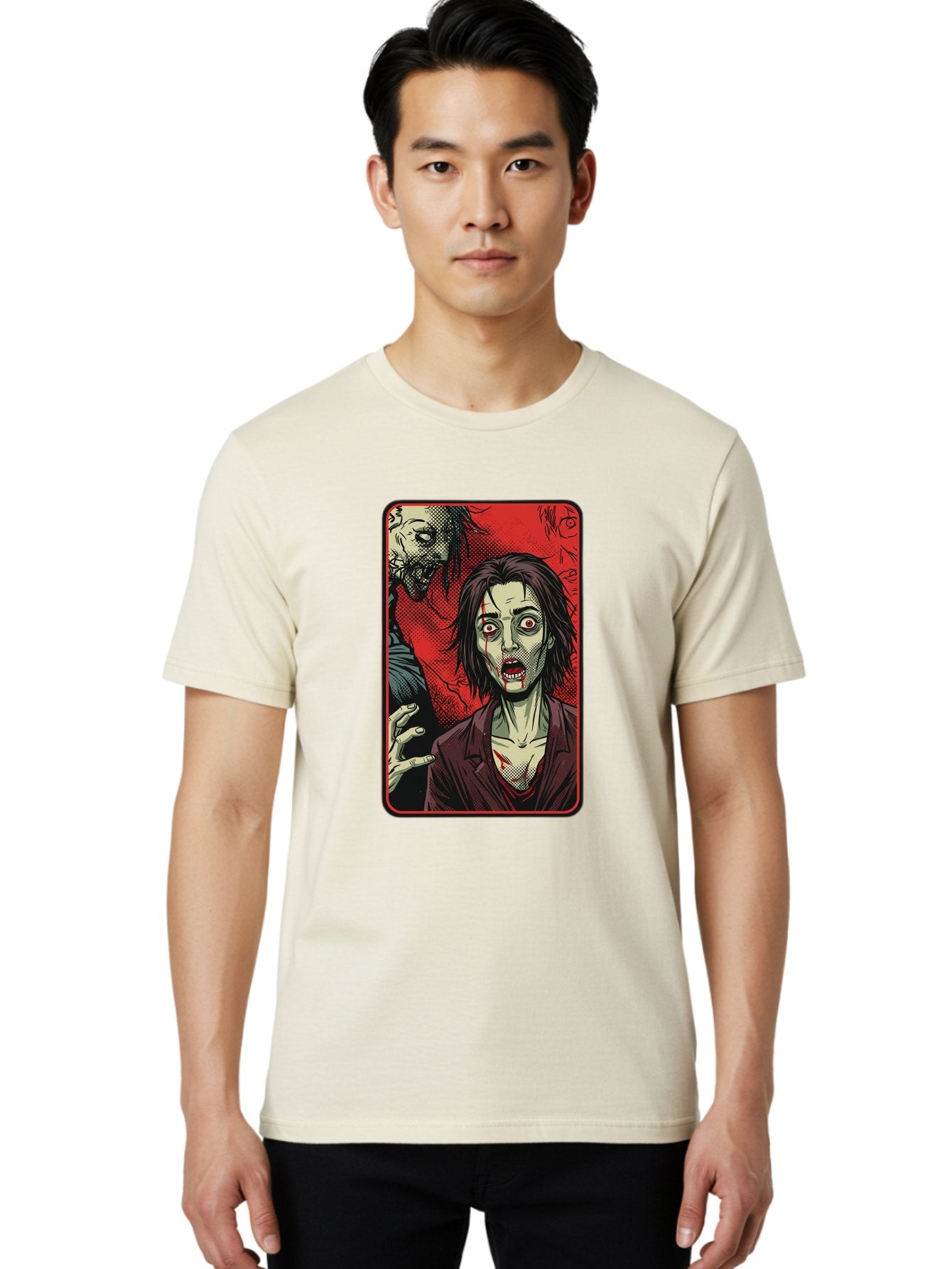 Zombie-Illustration Men'S Graphic Tee, 100% Cotton, Comfortable Casual Summer Wear, Machine Washable, Zombie Outbreak, Undead Creatures, Horror Scene, Post-Apocalyptic Chaos, Terrifying Atmosphere, Dark Fantasy, Red Eyes, Sharp Teeth, Bac570 25