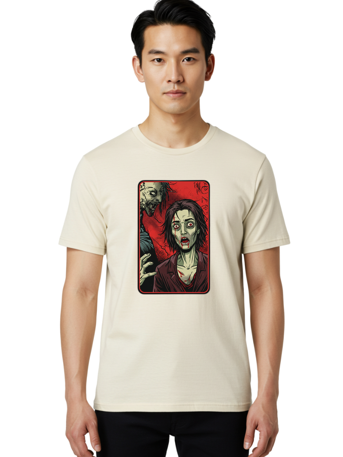 Zombie-Illustration Men'S Graphic Tee, 100% Cotton, Comfortable Casual Summer Wear, Machine Washable, Zombie Outbreak, Undead Creatures, Horror Scene, Post-Apocalyptic Chaos, Terrifying Atmosphere, Dark Fantasy, Red Eyes, Sharp Teeth, Bac570 21