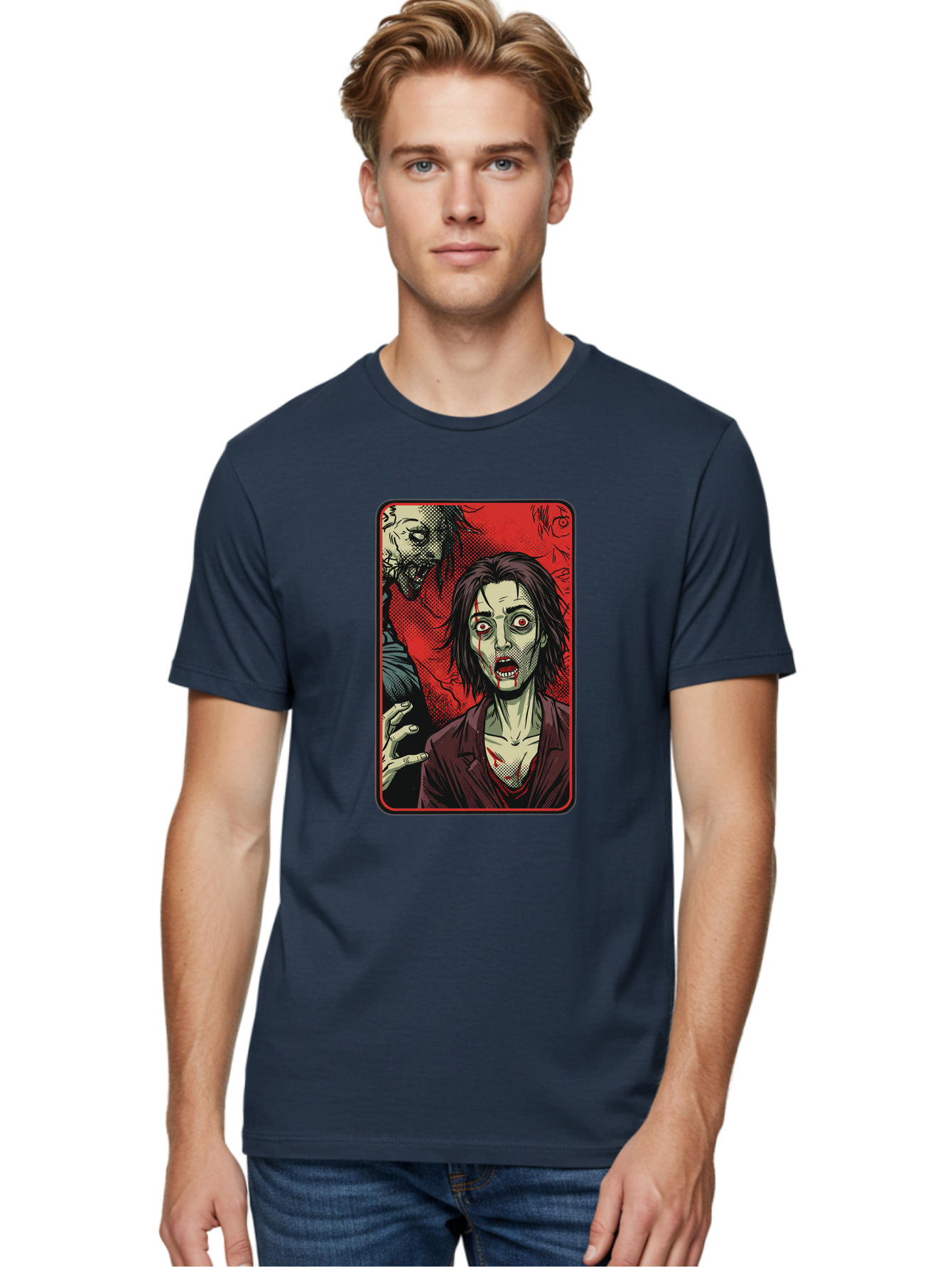 Zombie-Illustration Men'S Graphic Tee, 100% Cotton, Comfortable Casual Summer Wear, Machine Washable, Zombie Outbreak, Undead Creatures, Horror Scene, Post-Apocalyptic Chaos, Terrifying Atmosphere, Dark Fantasy, Red Eyes, Sharp Teeth, Bac570 29