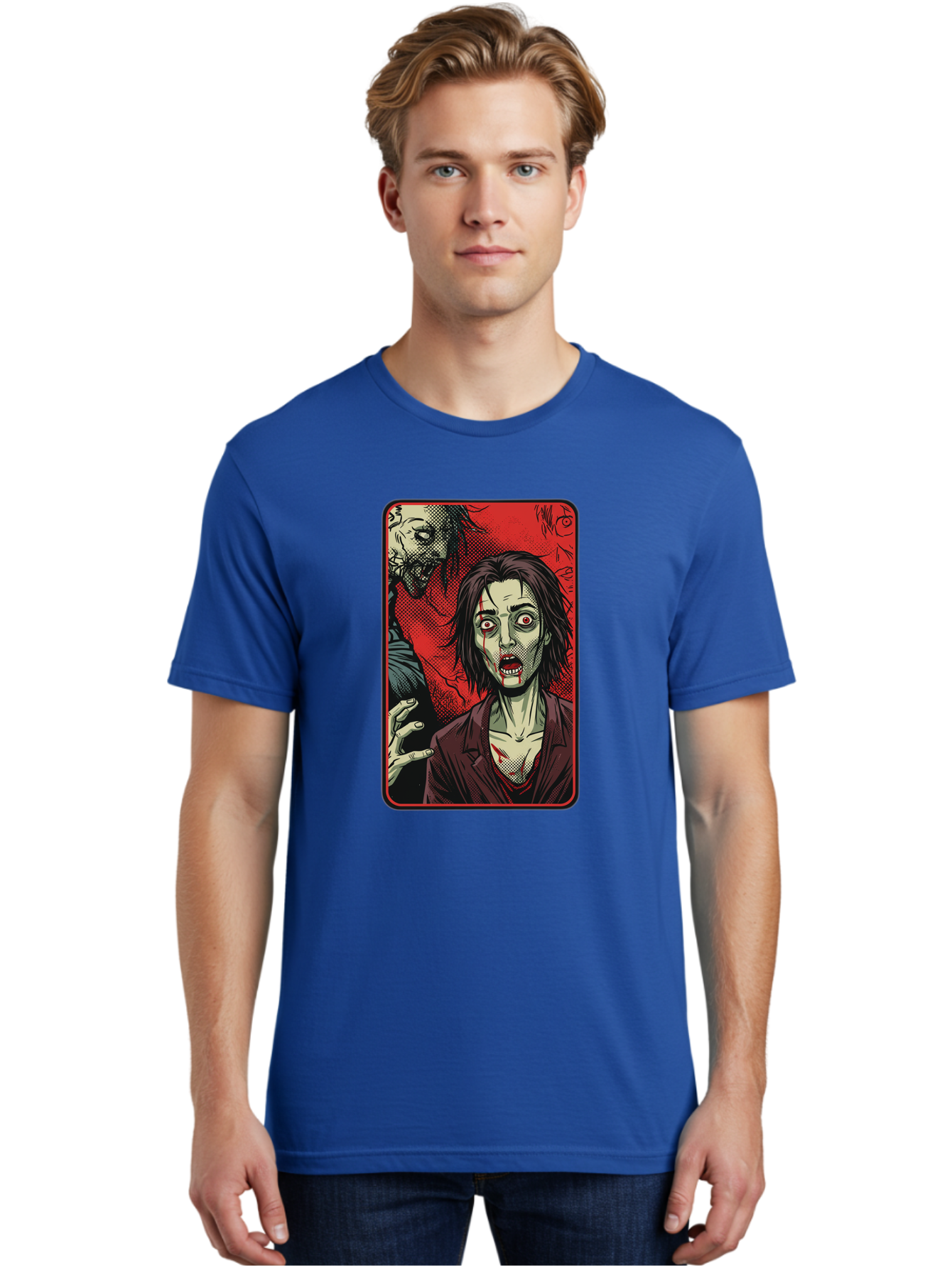 Zombie-Illustration Men'S Graphic Tee, 100% Cotton, Comfortable Casual Summer Wear, Machine Washable, Zombie Outbreak, Undead Creatures, Horror Scene, Post-Apocalyptic Chaos, Terrifying Atmosphere, Dark Fantasy, Red Eyes, Sharp Teeth, Bac570 20