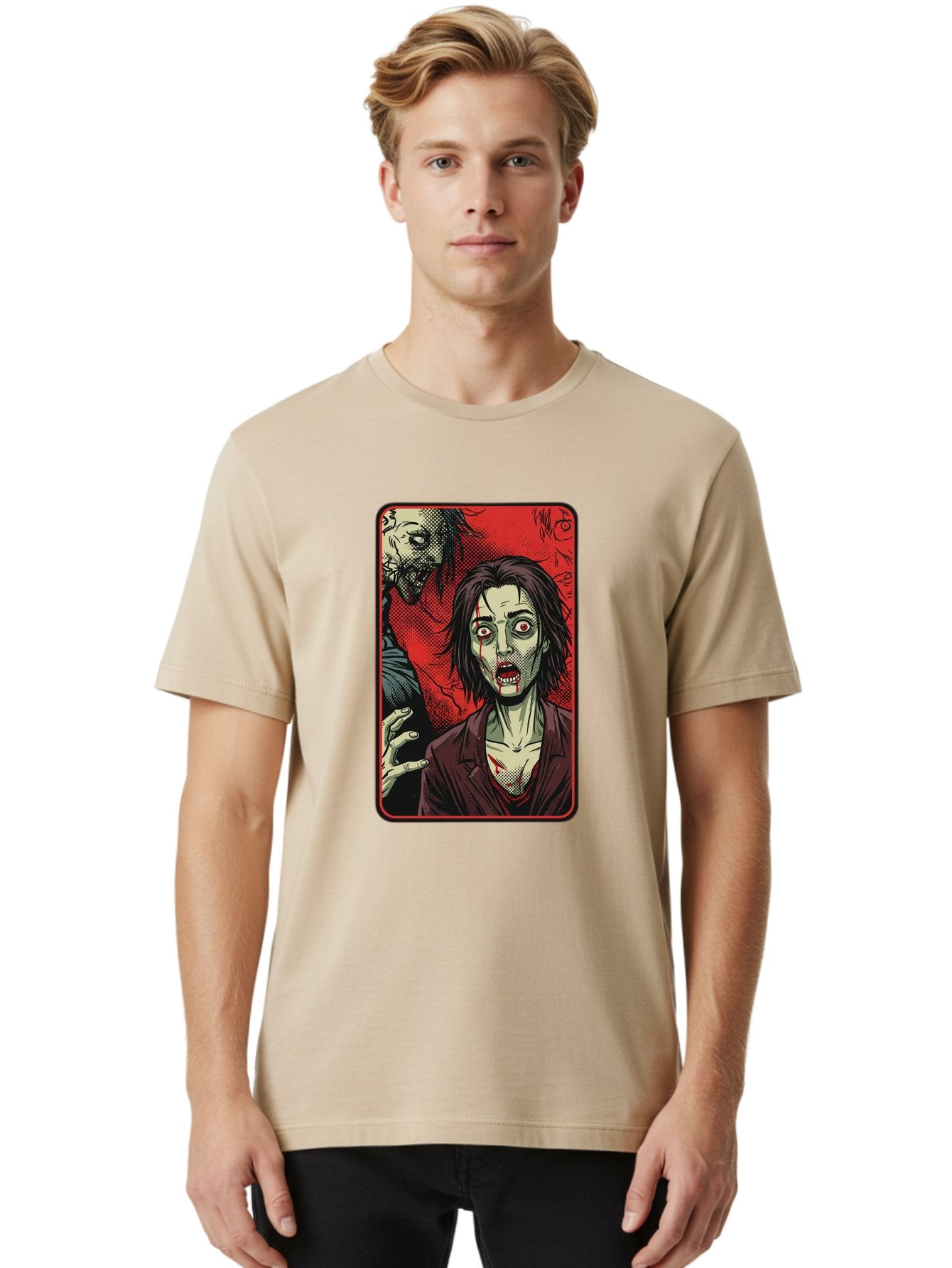 Zombie-Illustration Men'S Graphic Tee, 100% Cotton, Comfortable Casual Summer Wear, Machine Washable, Zombie Outbreak, Undead Creatures, Horror Scene, Post-Apocalyptic Chaos, Terrifying Atmosphere, Dark Fantasy, Red Eyes, Sharp Teeth, Bac570 29