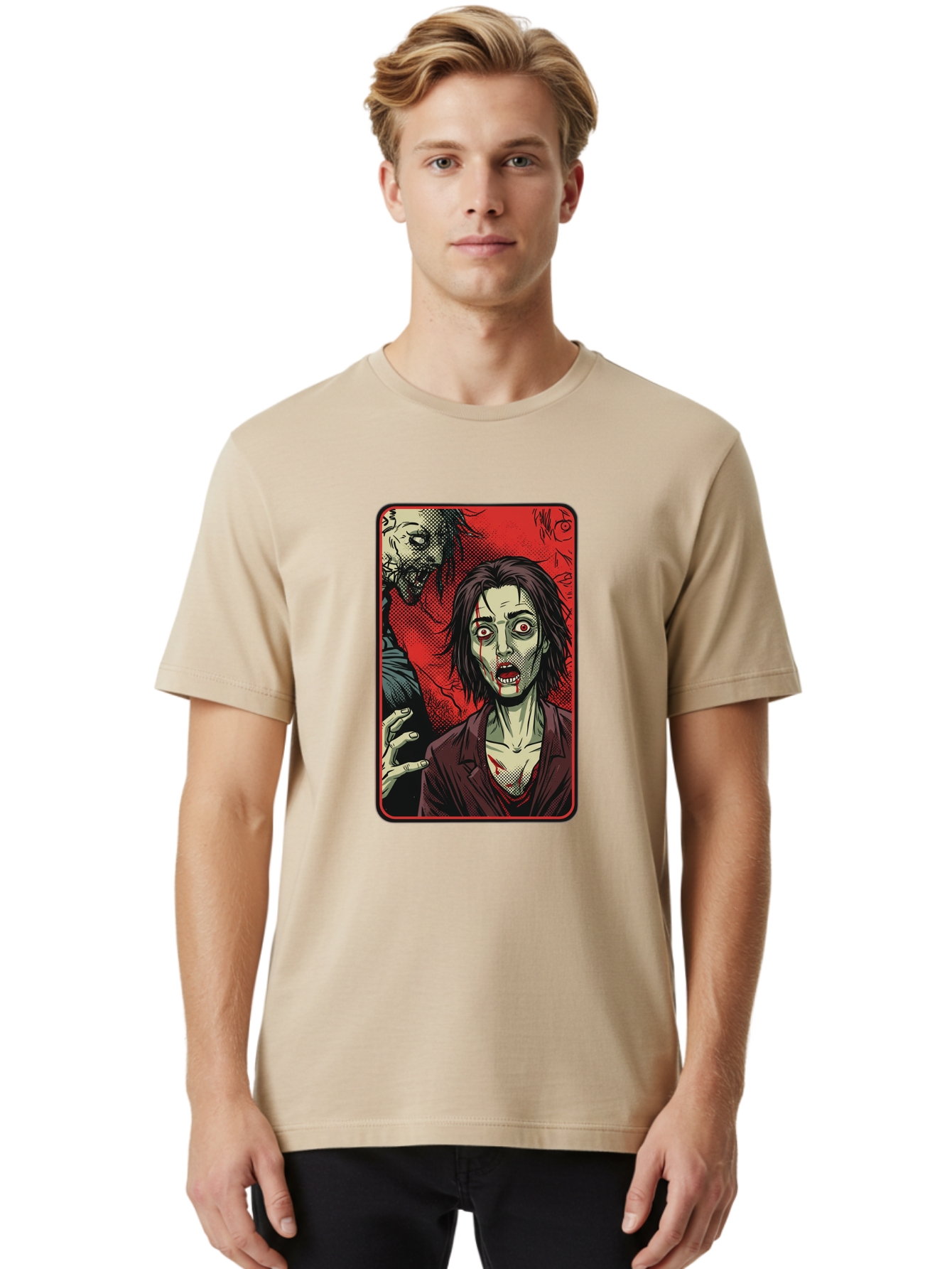 Zombie-Illustration Men'S Graphic Tee, 100% Cotton, Comfortable Casual Summer Wear, Machine Washable, Zombie Outbreak, Undead Creatures, Horror Scene, Post-Apocalyptic Chaos, Terrifying Atmosphere, Dark Fantasy, Red Eyes, Sharp Teeth, Bac570 17