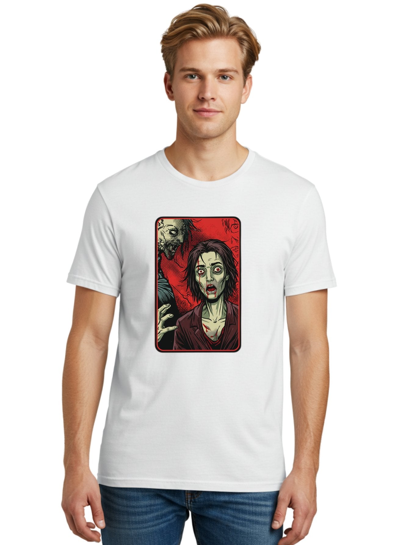 Zombie-Illustration Men'S Graphic Tee, 100% Cotton, Comfortable Casual Summer Wear, Machine Washable, Zombie Outbreak, Undead Creatures, Horror Scene, Post-Apocalyptic Chaos, Terrifying Atmosphere, Dark Fantasy, Red Eyes, Sharp Teeth, Bac570 27