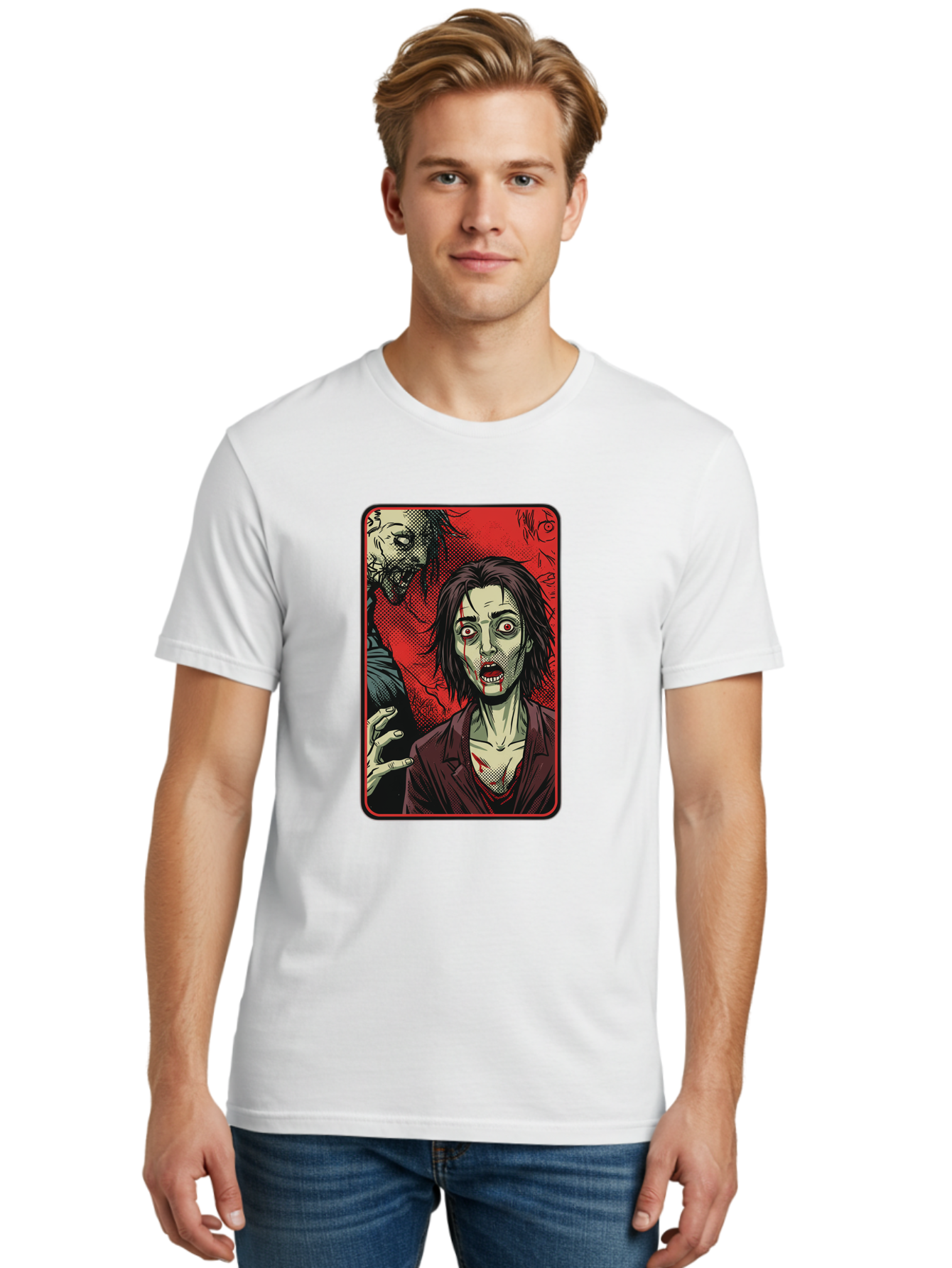 Zombie-Illustration Men'S Graphic Tee, 100% Cotton, Comfortable Casual Summer Wear, Machine Washable, Zombie Outbreak, Undead Creatures, Horror Scene, Post-Apocalyptic Chaos, Terrifying Atmosphere, Dark Fantasy, Red Eyes, Sharp Teeth, Bac570 19