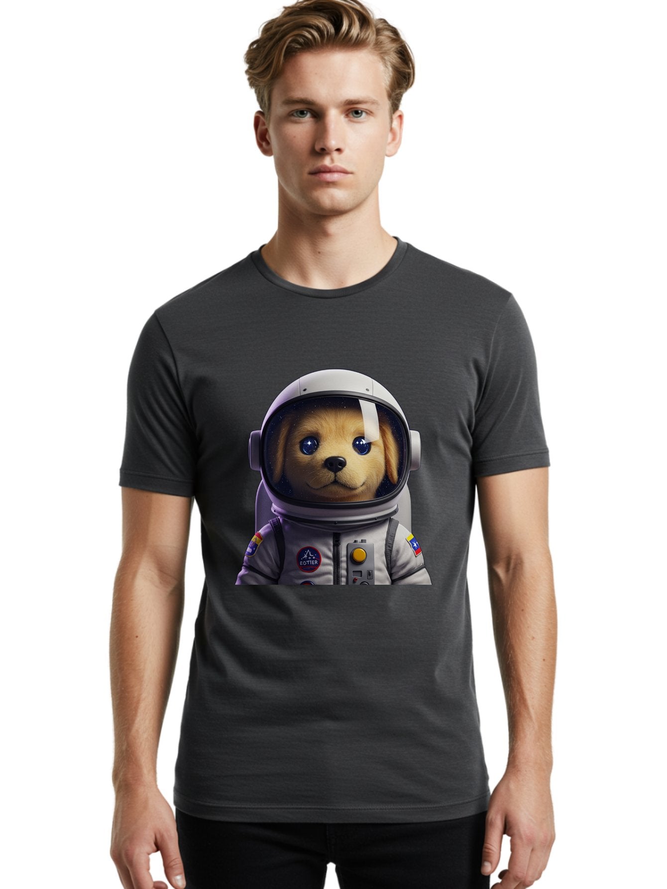 Zotter-Pup-In-Spacesuit Men'S Graphic Tee, 100% Cotton, Comfortable Casual Summer Wear, Machine Washable, Puppy In Space Suit, Dog In Astronaut Helmet, Cotter Logo, Space Exploration, Cute Canine, Futuristic Adventure, Sci-Fi Theme, Bac571 25