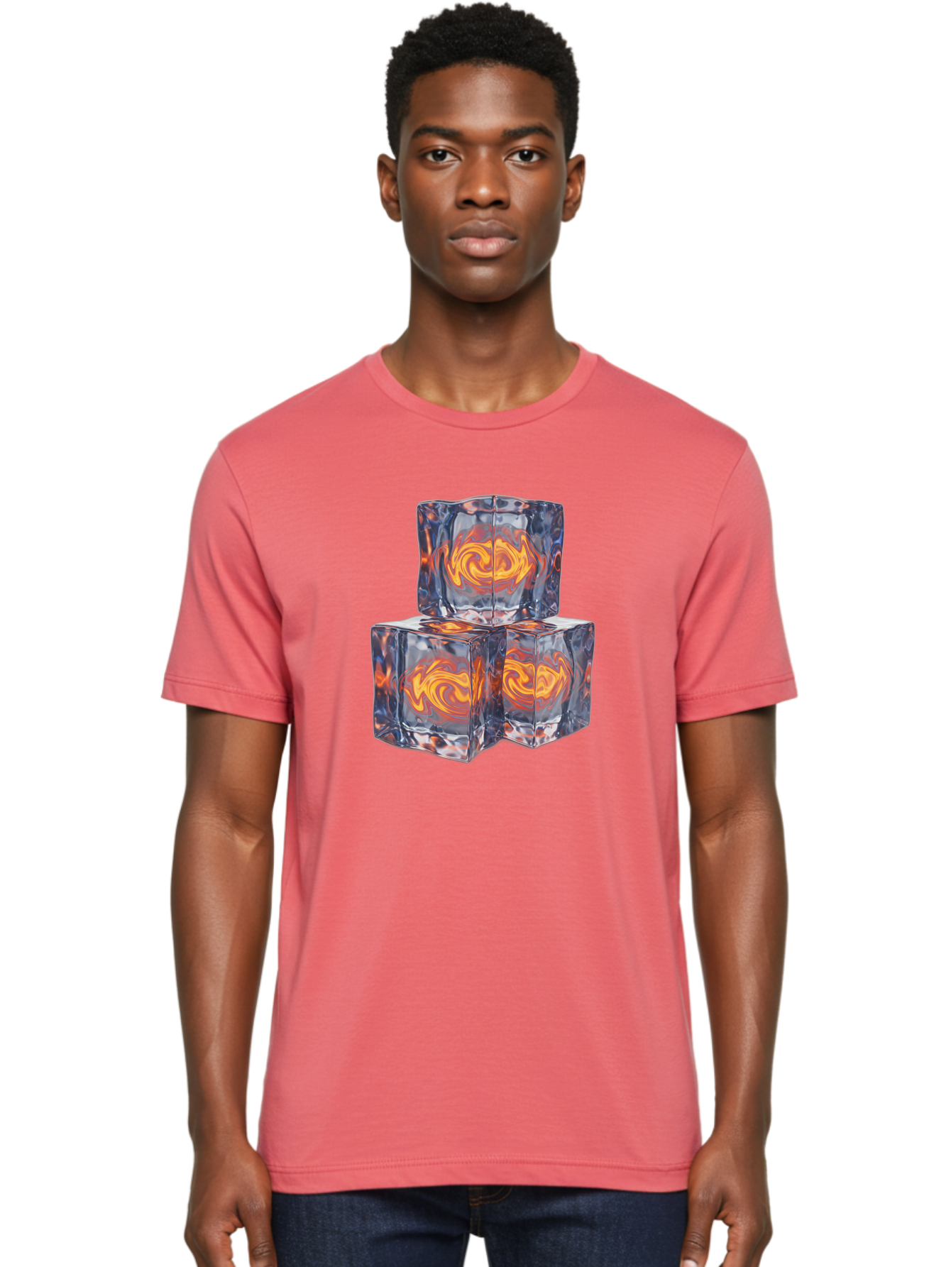 3D-Glass-Cubes Men'S Graphic Tee, 100% Cotton, Comfortable Casual Summer Wear, Machine Washable, Lava Ice, Orange Swirls, Red Molten, Glassy Texture, Reflective Surfaces, Abstract Design, Cube Shape, Fiery Patterns, Cool Contrast Bac574 19