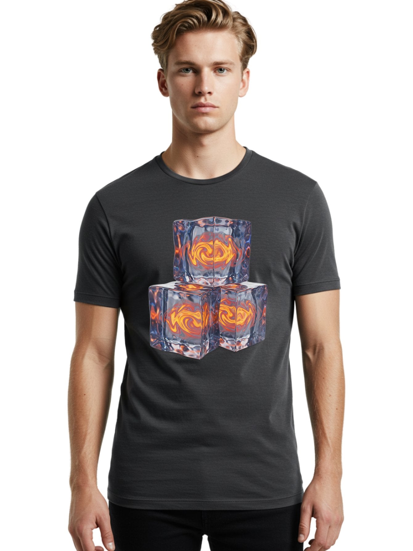 3D-Glass-Cubes Men'S Graphic Tee, 100% Cotton, Comfortable Casual Summer Wear, Machine Washable, Lava Ice, Orange Swirls, Red Molten, Glassy Texture, Reflective Surfaces, Abstract Design, Cube Shape, Fiery Patterns, Cool Contrast Bac574 20