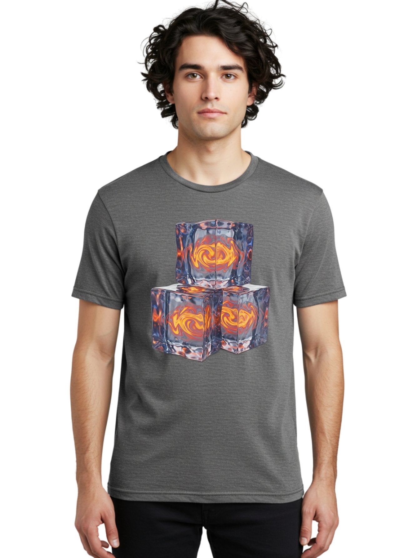 3D-Glass-Cubes Men'S Graphic Tee, 100% Cotton, Comfortable Casual Summer Wear, Machine Washable, Lava Ice, Orange Swirls, Red Molten, Glassy Texture, Reflective Surfaces, Abstract Design, Cube Shape, Fiery Patterns, Cool Contrast Bac574 16