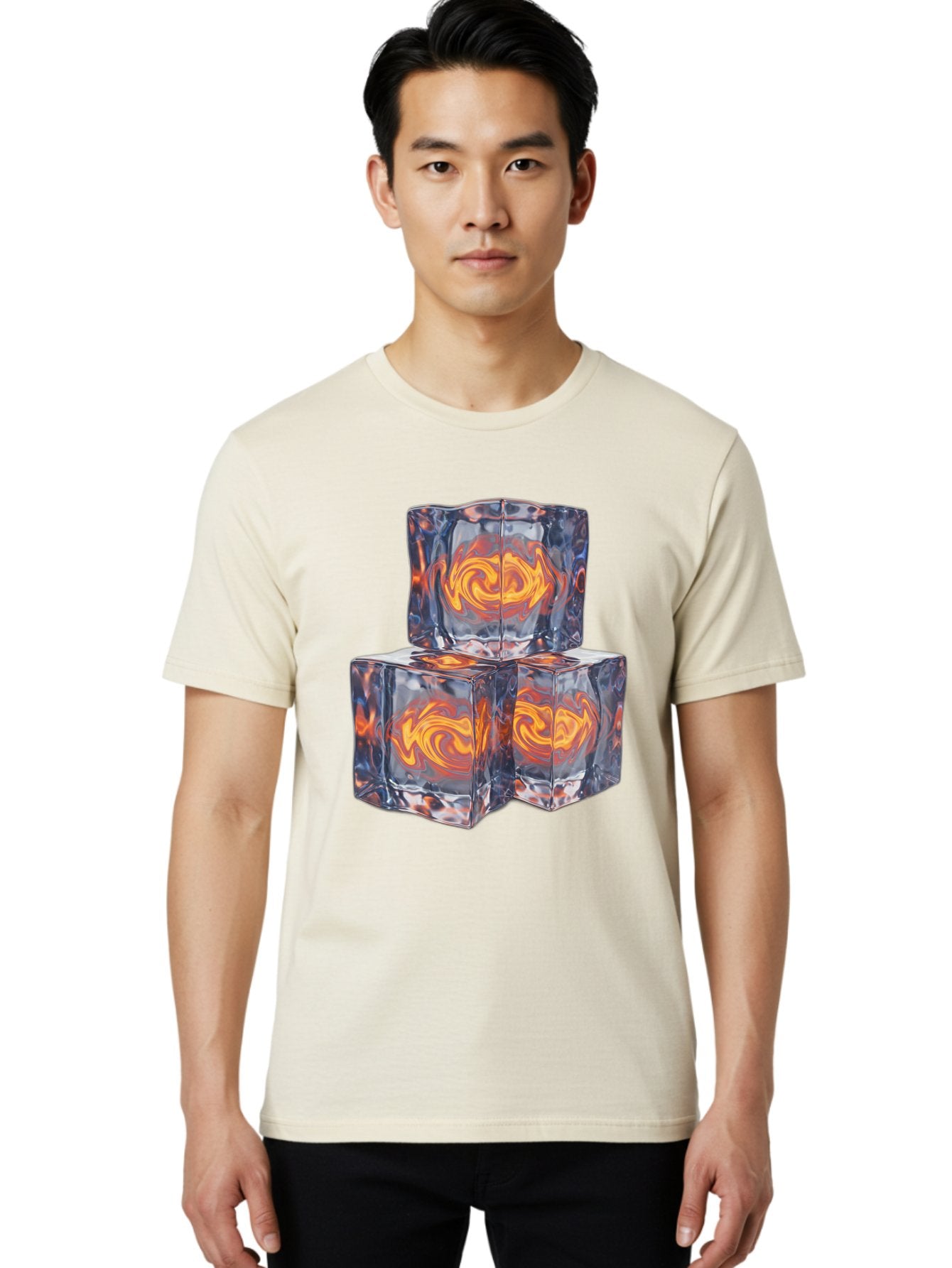 3D-Glass-Cubes Men'S Graphic Tee, 100% Cotton, Comfortable Casual Summer Wear, Machine Washable, Lava Ice, Orange Swirls, Red Molten, Glassy Texture, Reflective Surfaces, Abstract Design, Cube Shape, Fiery Patterns, Cool Contrast Bac574 22