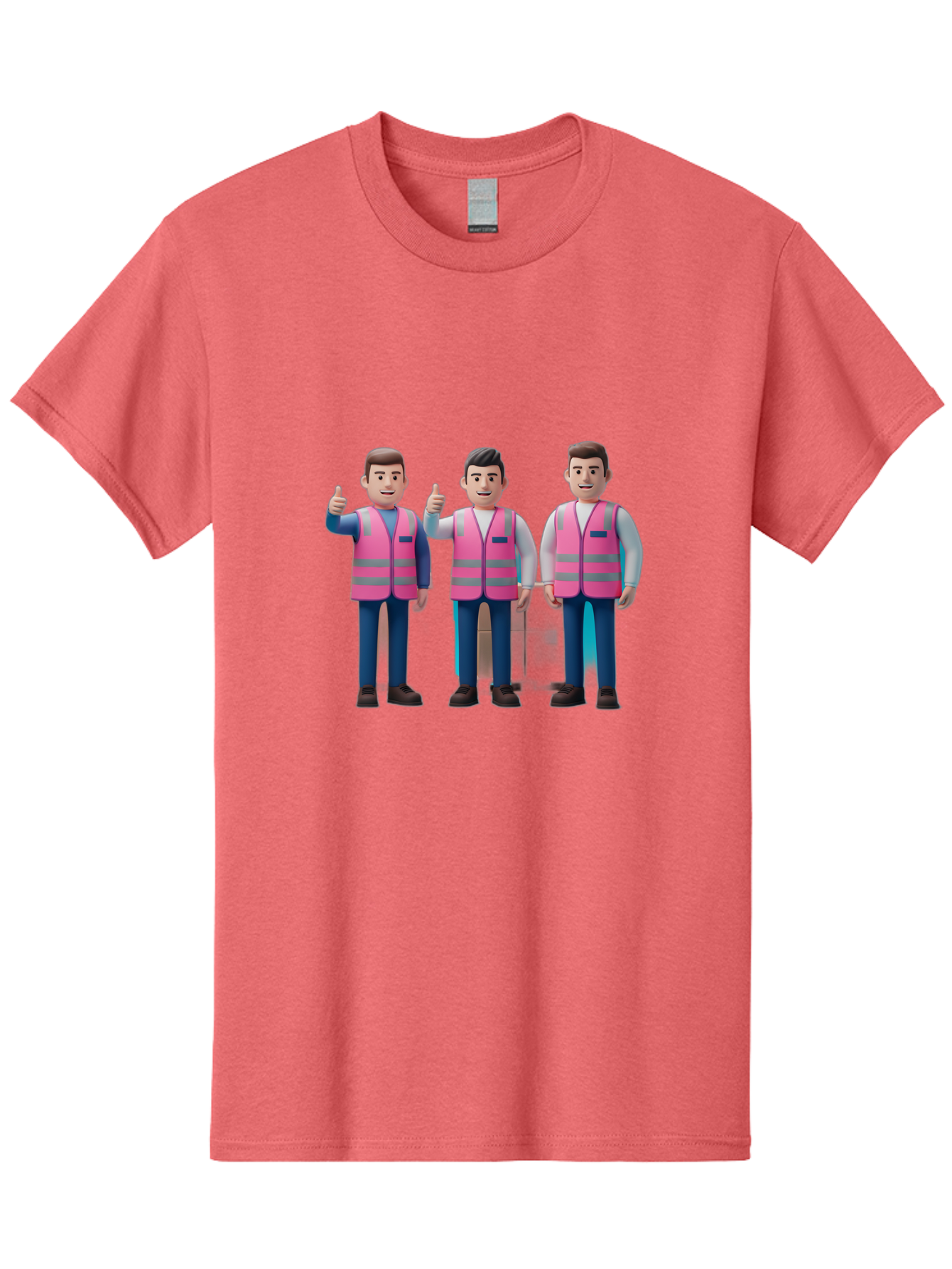 3D-Men-In-Safety-Vests Men'S Graphic Tee, 100% Cotton, Comfortable Casual Summer Wear, Machine Washable, Male Workers Wearing Pink Safety Vests, Construction Workers, 3D Illustration, Thumbs Up, Teamwork, Occupational Safety, Reflective Vests Bac575