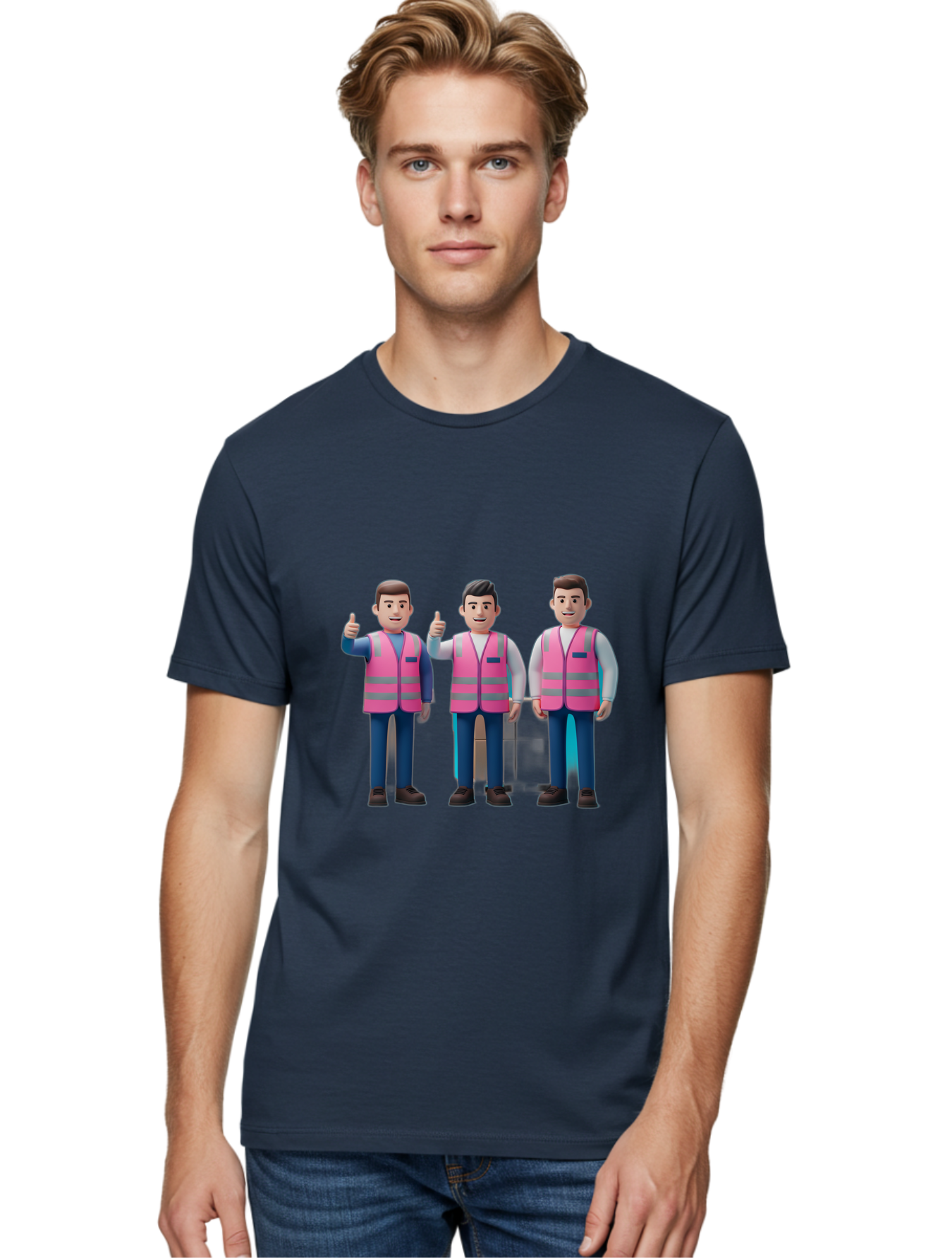 3D-Men-In-Safety-Vests Men'S Graphic Tee, 100% Cotton, Comfortable Casual Summer Wear, Machine Washable, Male Workers Wearing Pink Safety Vests, Construction Workers, 3D Illustration, Thumbs Up, Teamwork, Occupational Safety, Reflective Vests Bac575 27