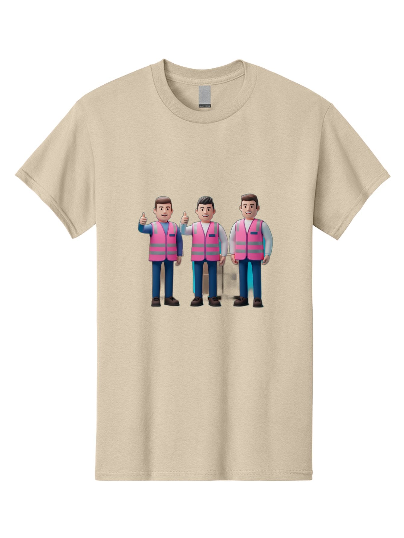 3D-Men-In-Safety-Vests Men'S Graphic Tee, 100% Cotton, Comfortable Casual Summer Wear, Machine Washable, Male Workers Wearing Pink Safety Vests, Construction Workers, 3D Illustration, Thumbs Up, Teamwork, Occupational Safety, Reflective Vests Bac575