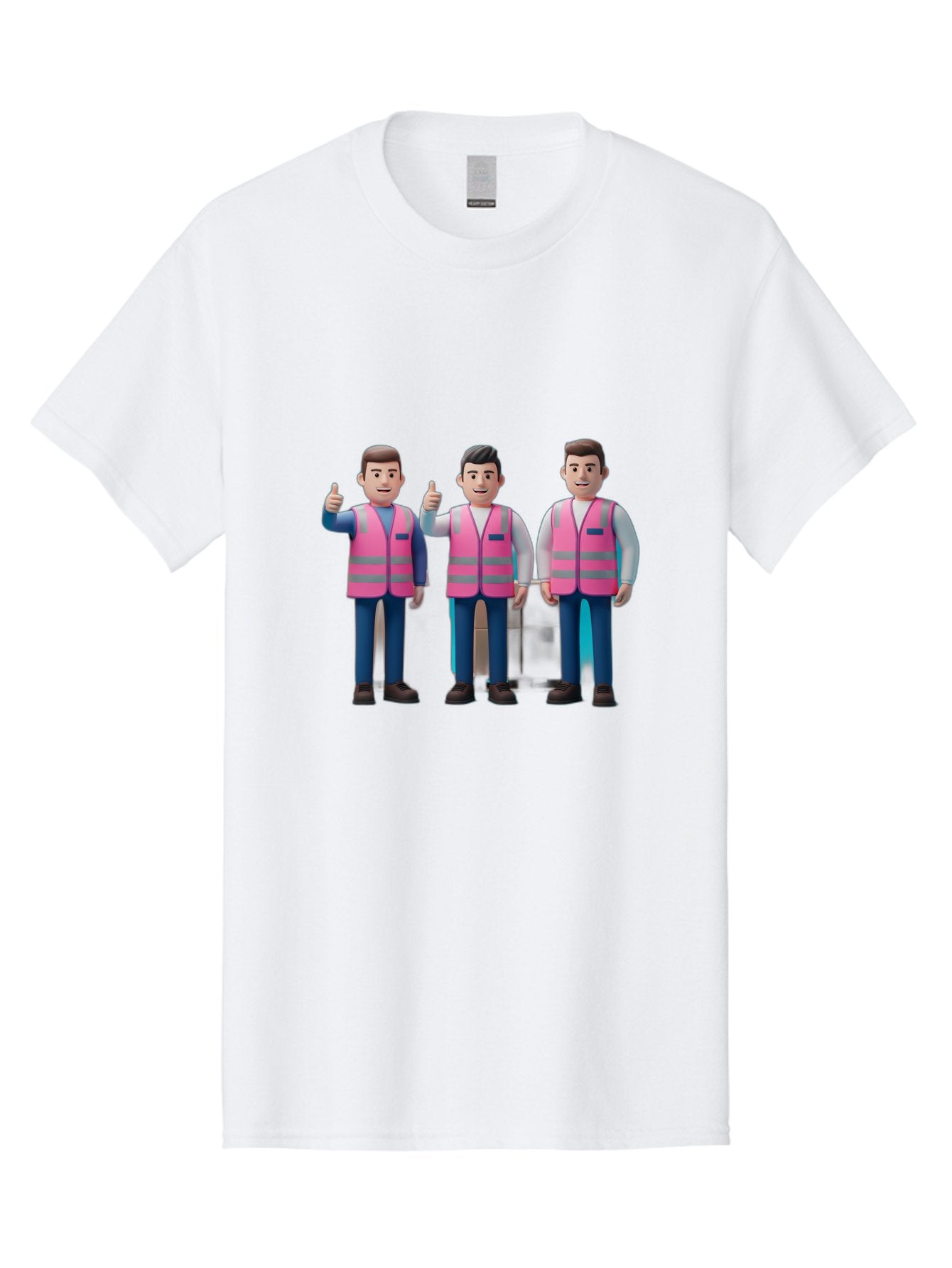 3D-Men-In-Safety-Vests Men'S Graphic Tee, 100% Cotton, Comfortable Casual Summer Wear, Machine Washable, Male Workers Wearing Pink Safety Vests, Construction Workers, 3D Illustration, Thumbs Up, Teamwork, Occupational Safety, Reflective Vests Bac575
