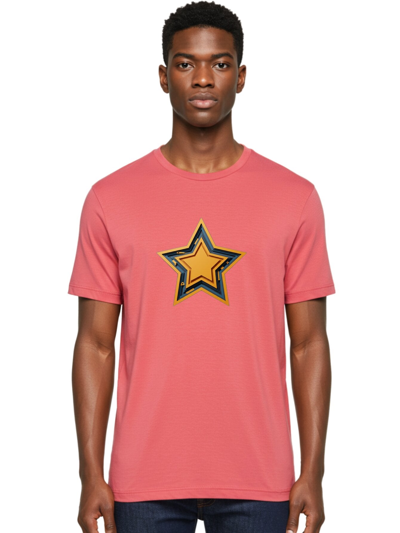 3D-Star Men'S Graphic Tee, 100% Cotton, Comfortable Casual Summer Wear, Machine Washable, Golden Star, Star Symbol, Layered Star, 3D Effect, Golden Color, Blue Outline, Star Icon, Emblem Design, Logo Graphic, Graphic Element Bac576 17