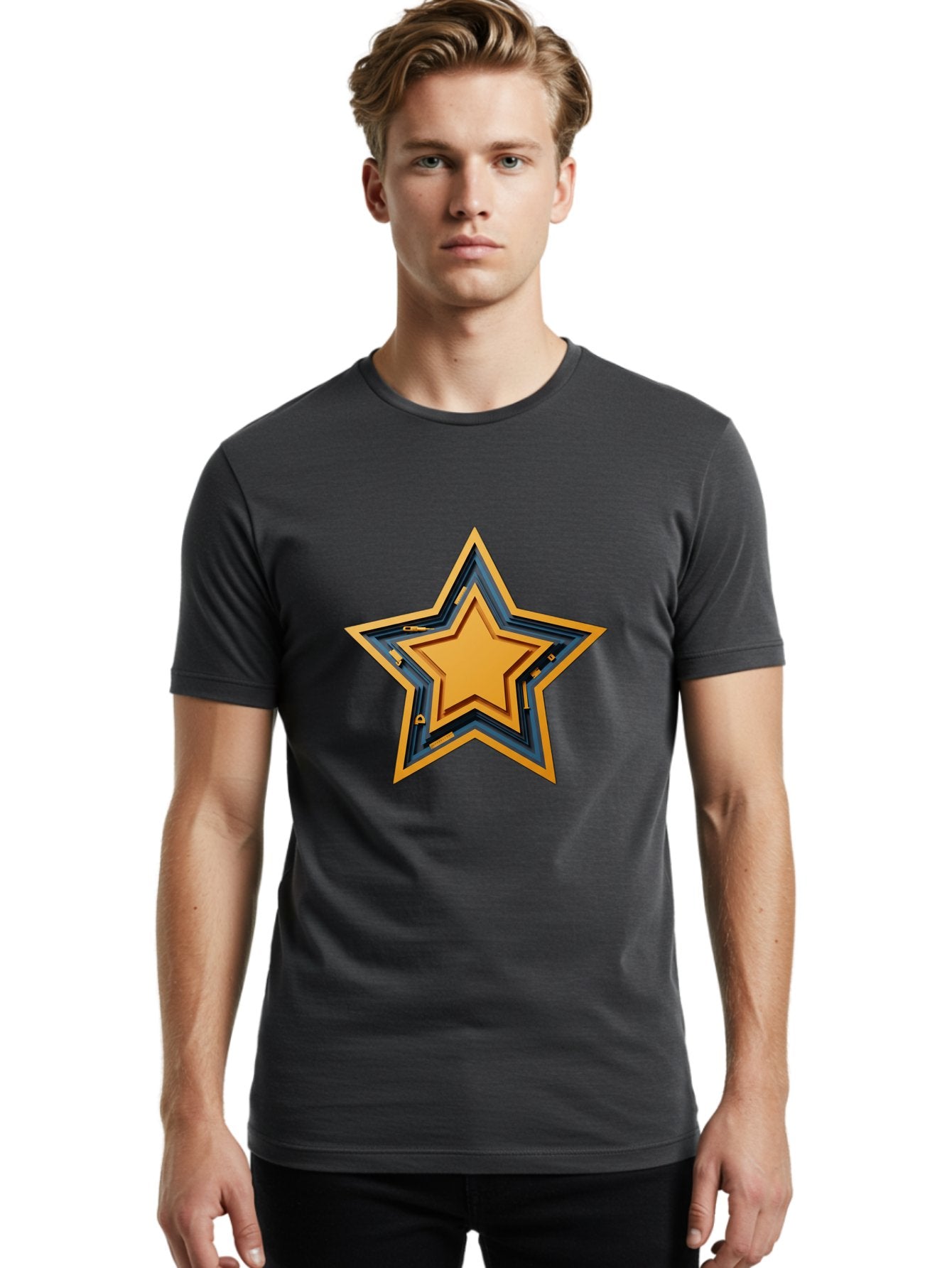 3D-Star Men'S Graphic Tee, 100% Cotton, Comfortable Casual Summer Wear, Machine Washable, Golden Star, Star Symbol, Layered Star, 3D Effect, Golden Color, Blue Outline, Star Icon, Emblem Design, Logo Graphic, Graphic Element Bac576 21