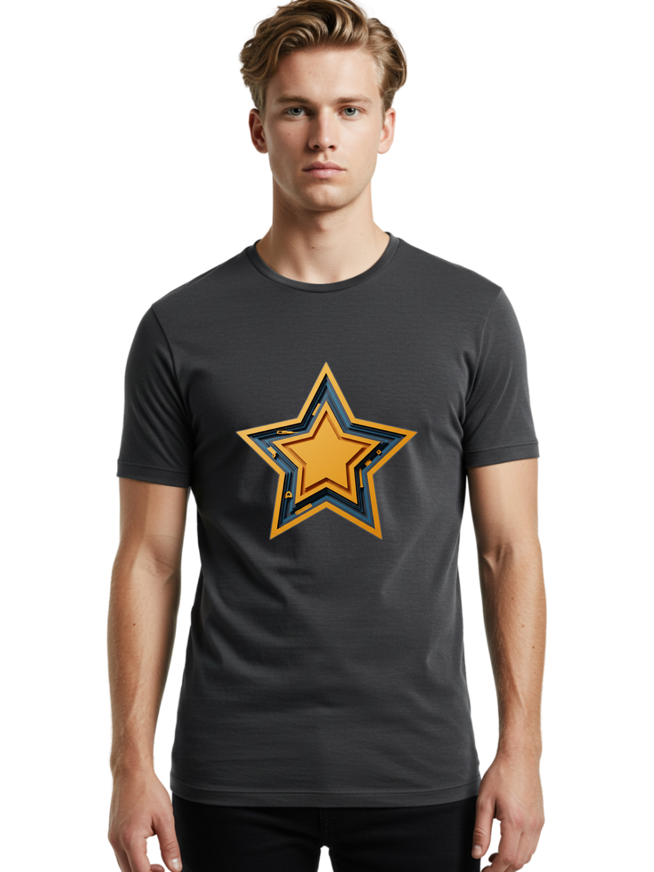3D-Star Men'S Graphic Tee, 100% Cotton, Comfortable Casual Summer Wear, Machine Washable, Golden Star, Star Symbol, Layered Star, 3D Effect, Golden Color, Blue Outline, Star Icon, Emblem Design, Logo Graphic, Graphic Element Bac576 25