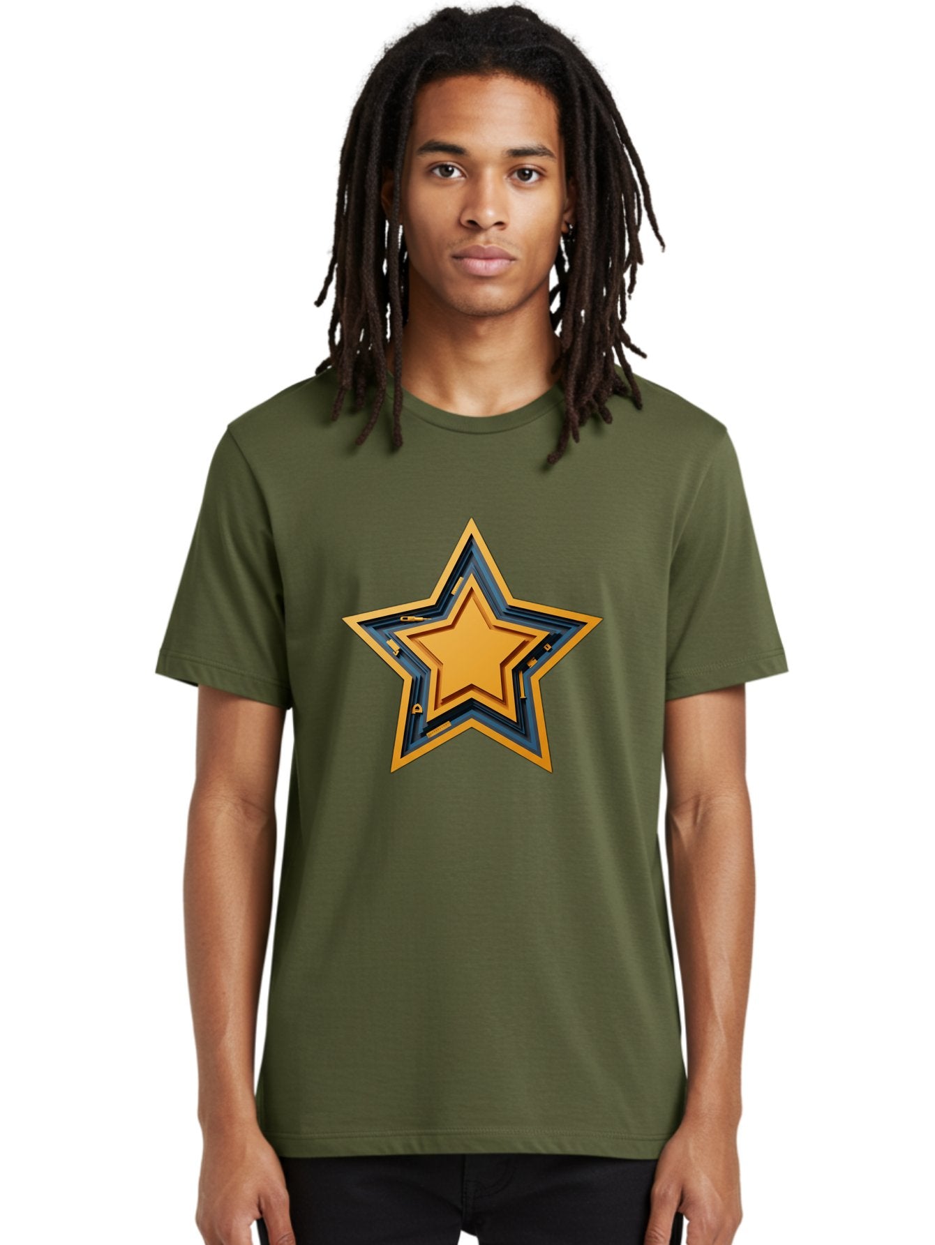 3D-Star Men'S Graphic Tee, 100% Cotton, Comfortable Casual Summer Wear, Machine Washable, Golden Star, Star Symbol, Layered Star, 3D Effect, Golden Color, Blue Outline, Star Icon, Emblem Design, Logo Graphic, Graphic Element Bac576 23
