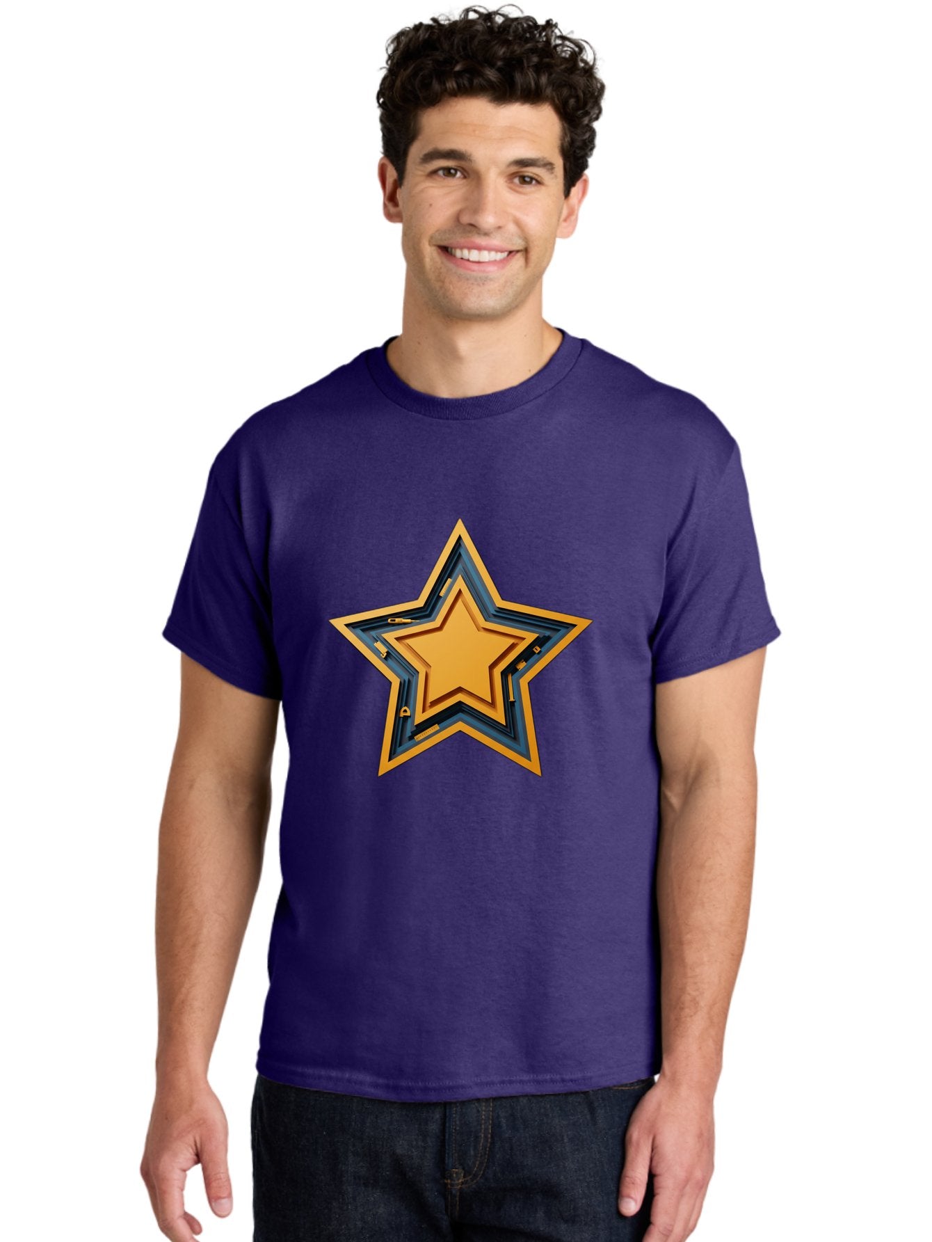 3D-Star Men'S Graphic Tee, 100% Cotton, Comfortable Casual Summer Wear, Machine Washable, Golden Star, Star Symbol, Layered Star, 3D Effect, Golden Color, Blue Outline, Star Icon, Emblem Design, Logo Graphic, Graphic Element Bac576 30