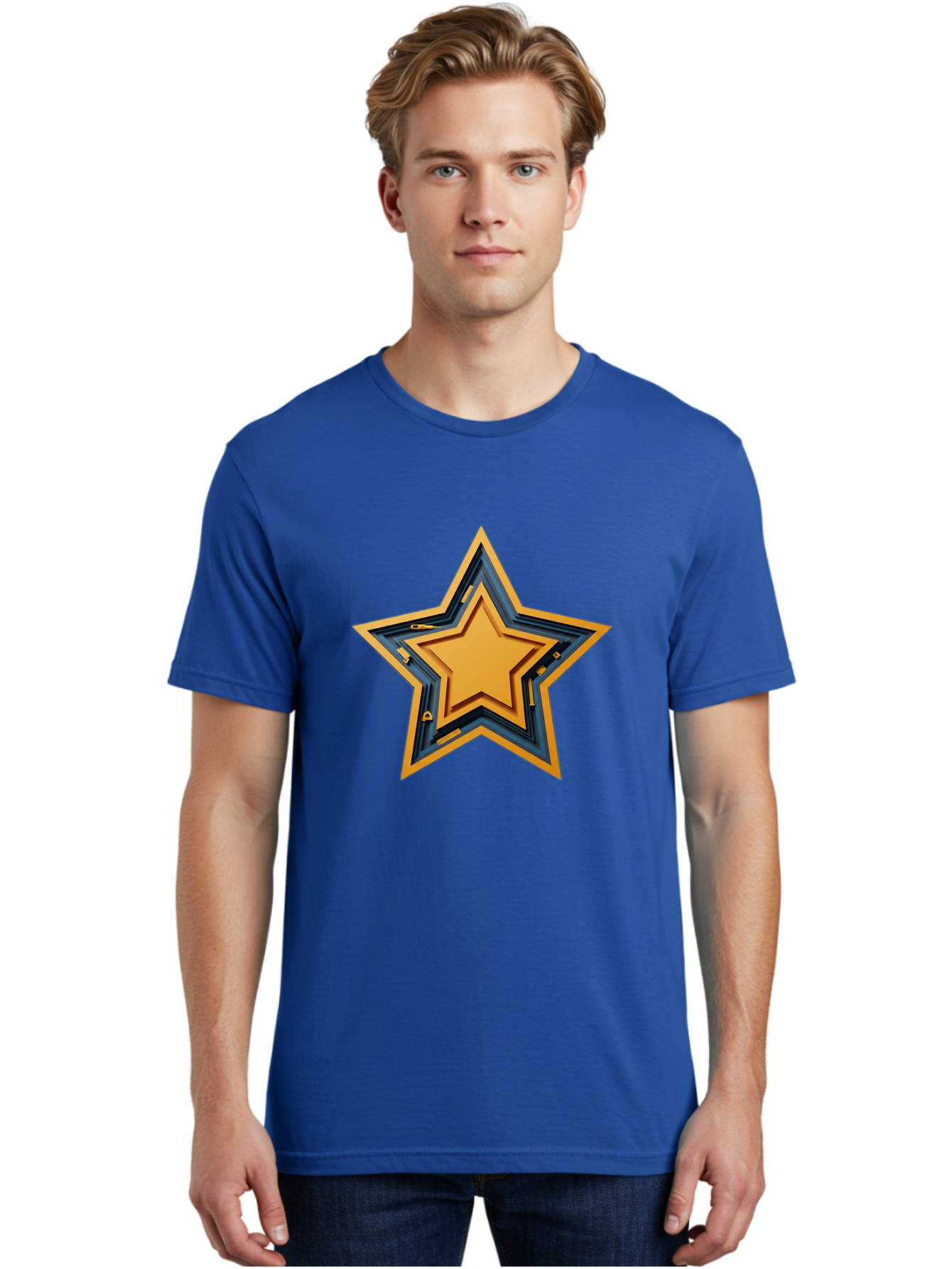 3D-Star Men'S Graphic Tee, 100% Cotton, Comfortable Casual Summer Wear, Machine Washable, Golden Star, Star Symbol, Layered Star, 3D Effect, Golden Color, Blue Outline, Star Icon, Emblem Design, Logo Graphic, Graphic Element Bac576 22