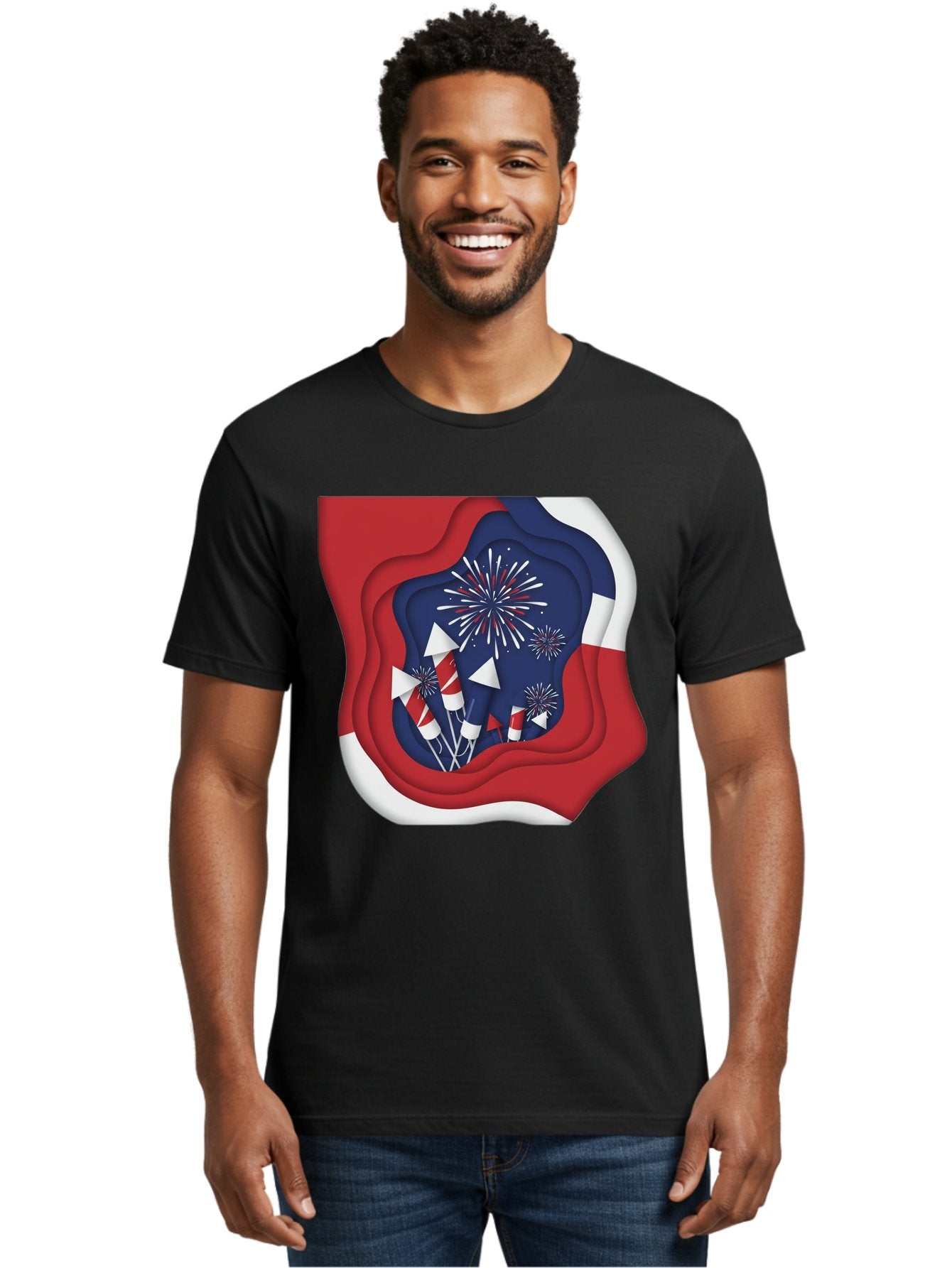 4Th-Of-July-Fireworks Men'S Graphic Tee, 100% Cotton, Comfortable Casual Summer Wear, Machine Washable, 4Th Of July Celebration, Fireworks Display, Patriotic Decor, Red White And Blue, Independence Day, Festive Atmosphere, Layered Paper Art, Bac578 30
