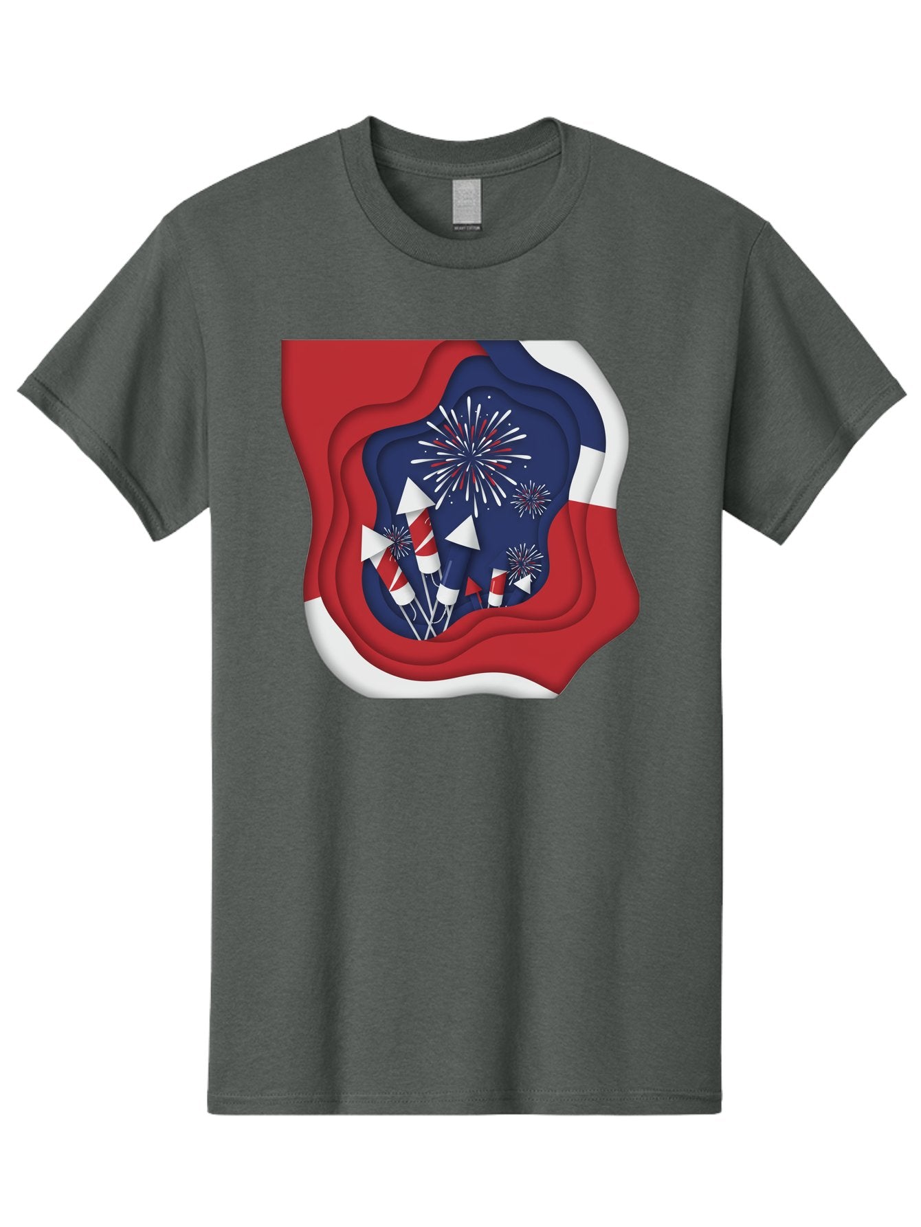 4Th-Of-July-Fireworks Men'S Graphic Tee, 100% Cotton, Comfortable Casual Summer Wear, Machine Washable, 4Th Of July Celebration, Fireworks Display, Patriotic Decor, Red White And Blue, Independence Day, Festive Atmosphere, Layered Paper Art, Bac578