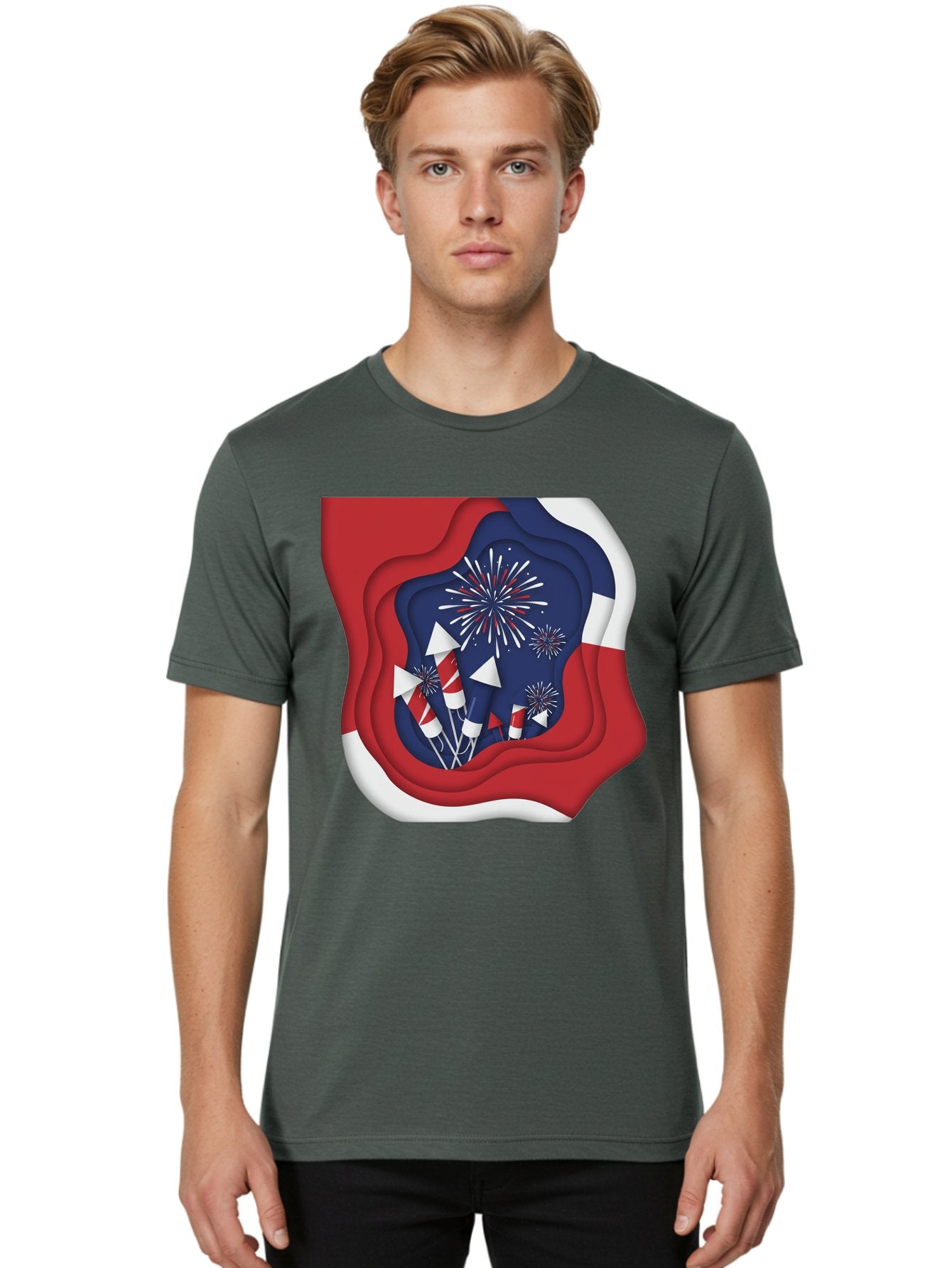 4Th-Of-July-Fireworks Men'S Graphic Tee, 100% Cotton, Comfortable Casual Summer Wear, Machine Washable, 4Th Of July Celebration, Fireworks Display, Patriotic Decor, Red White And Blue, Independence Day, Festive Atmosphere, Layered Paper Art, Bac578 21