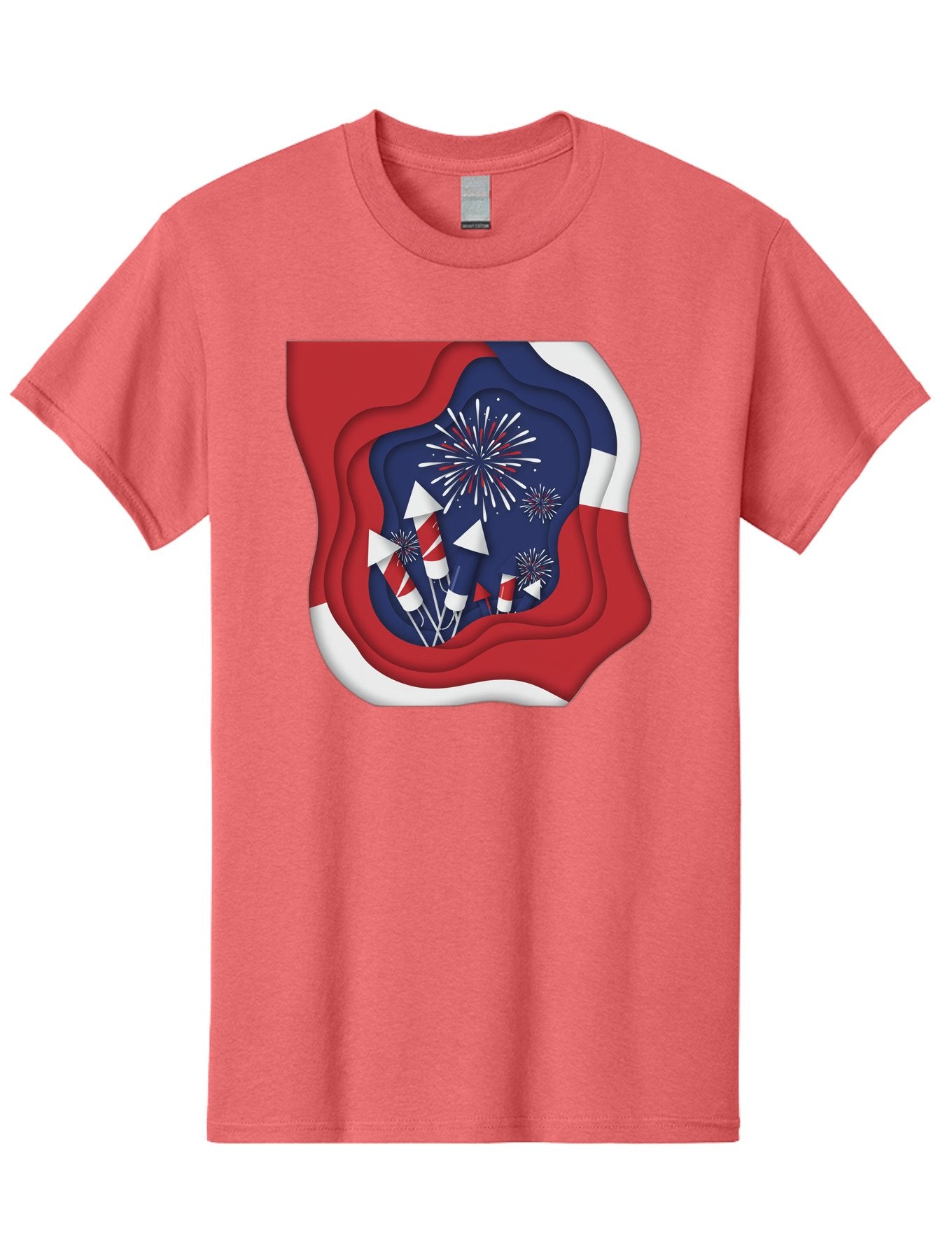 4Th-Of-July-Fireworks Men'S Graphic Tee, 100% Cotton, Comfortable Casual Summer Wear, Machine Washable, 4Th Of July Celebration, Fireworks Display, Patriotic Decor, Red White And Blue, Independence Day, Festive Atmosphere, Layered Paper Art, Bac578 11
