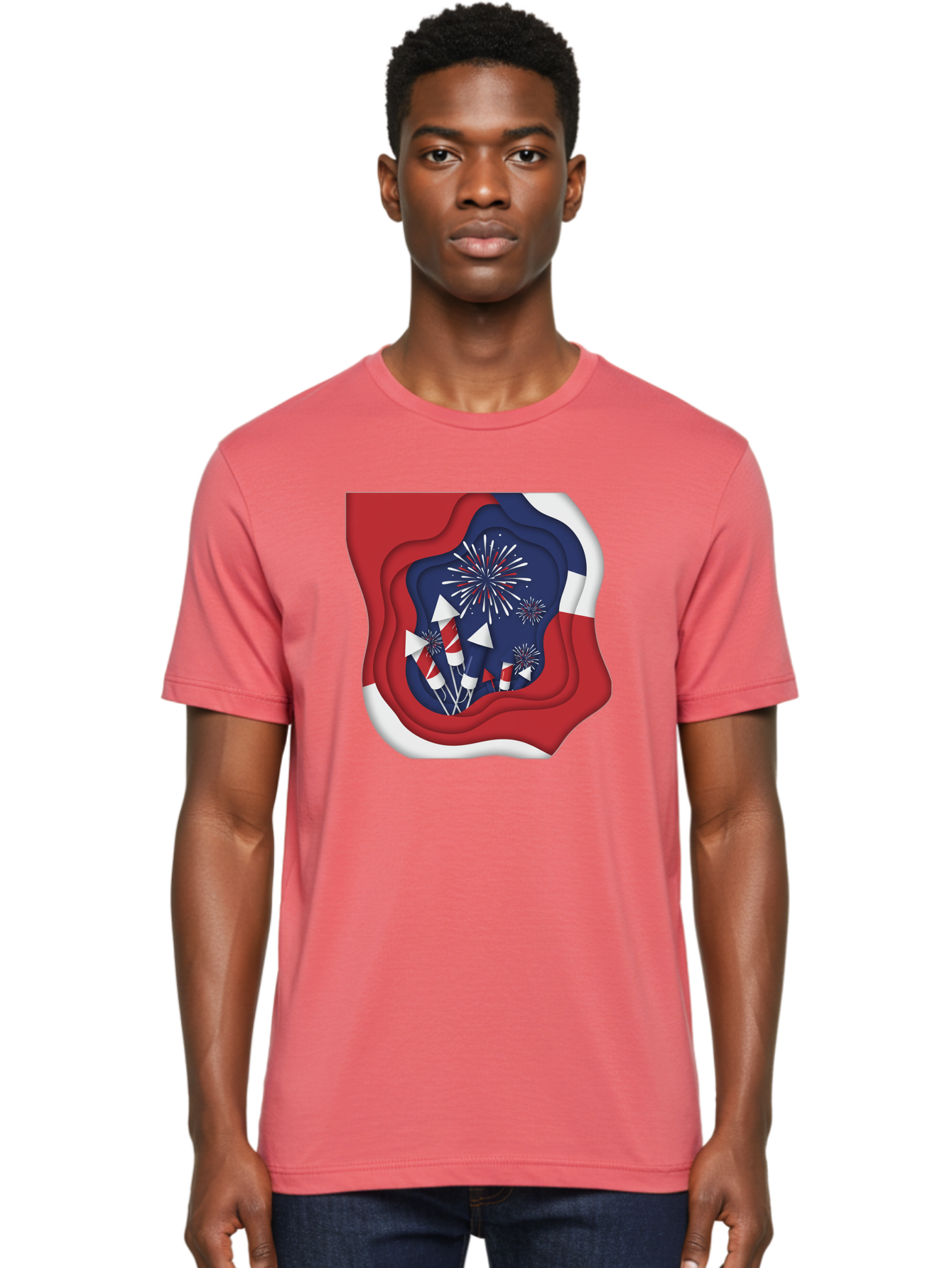 4Th-Of-July-Fireworks Men'S Graphic Tee, 100% Cotton, Comfortable Casual Summer Wear, Machine Washable, 4Th Of July Celebration, Fireworks Display, Patriotic Decor, Red White And Blue, Independence Day, Festive Atmosphere, Layered Paper Art, Bac578 19